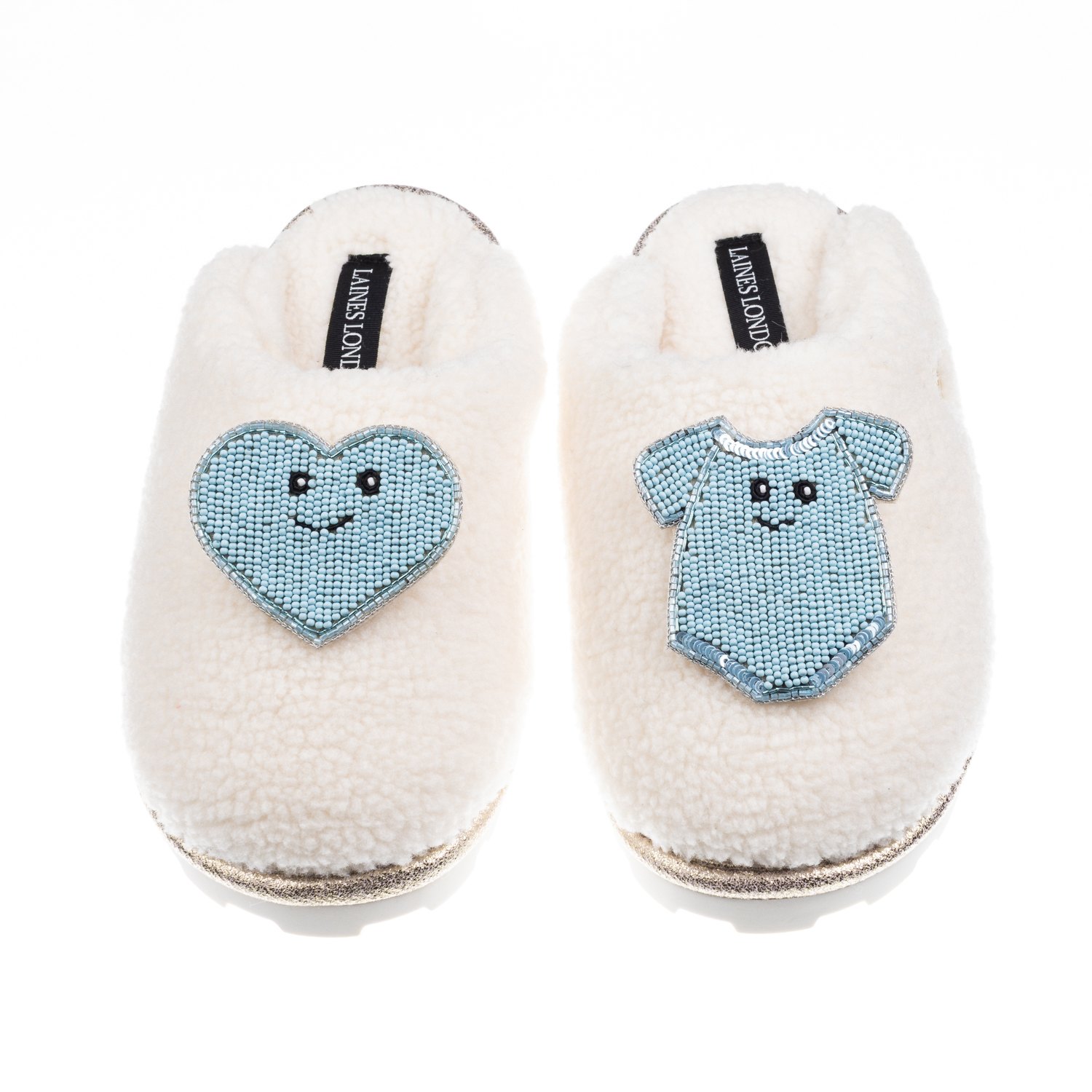 Laines London Women's White / Neutrals Teddy Closed Toe Slippers With Laines Lovables Blue Love & Baby Grow Brooch In White
