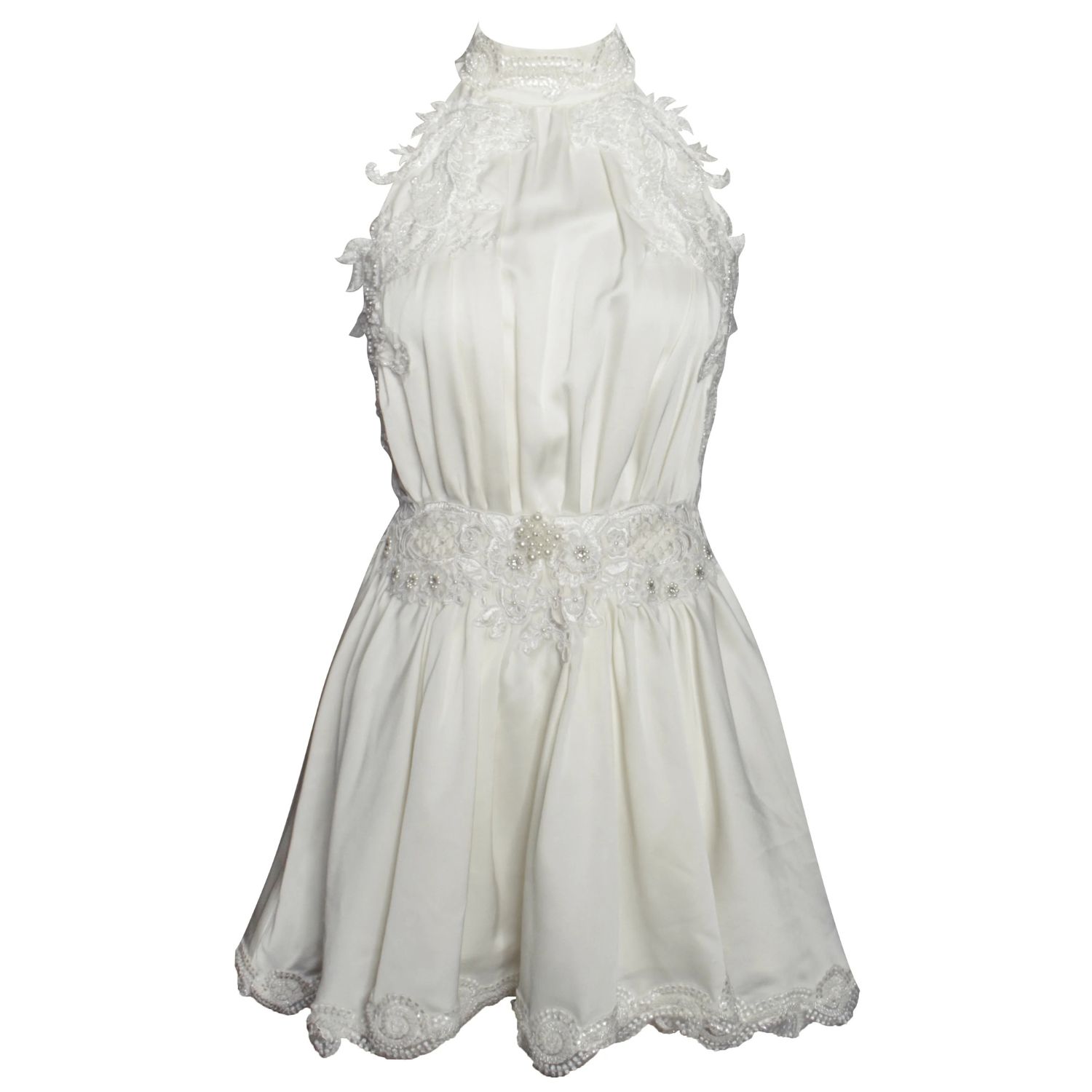 Miss Circle New York Women's Idalia Pearl White Beaded Lace Trim Backless  Halter Mini Dress | ModeSens