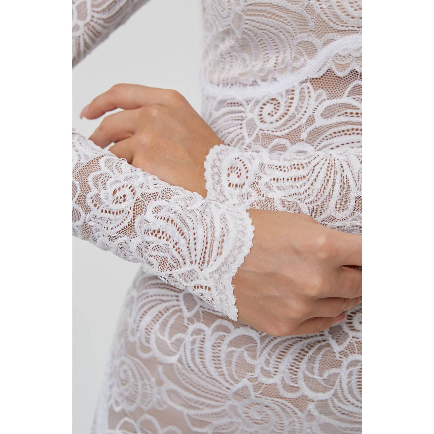 White Floral Lace Sheer Long Sleeve Turtleneck Full Bodysuit