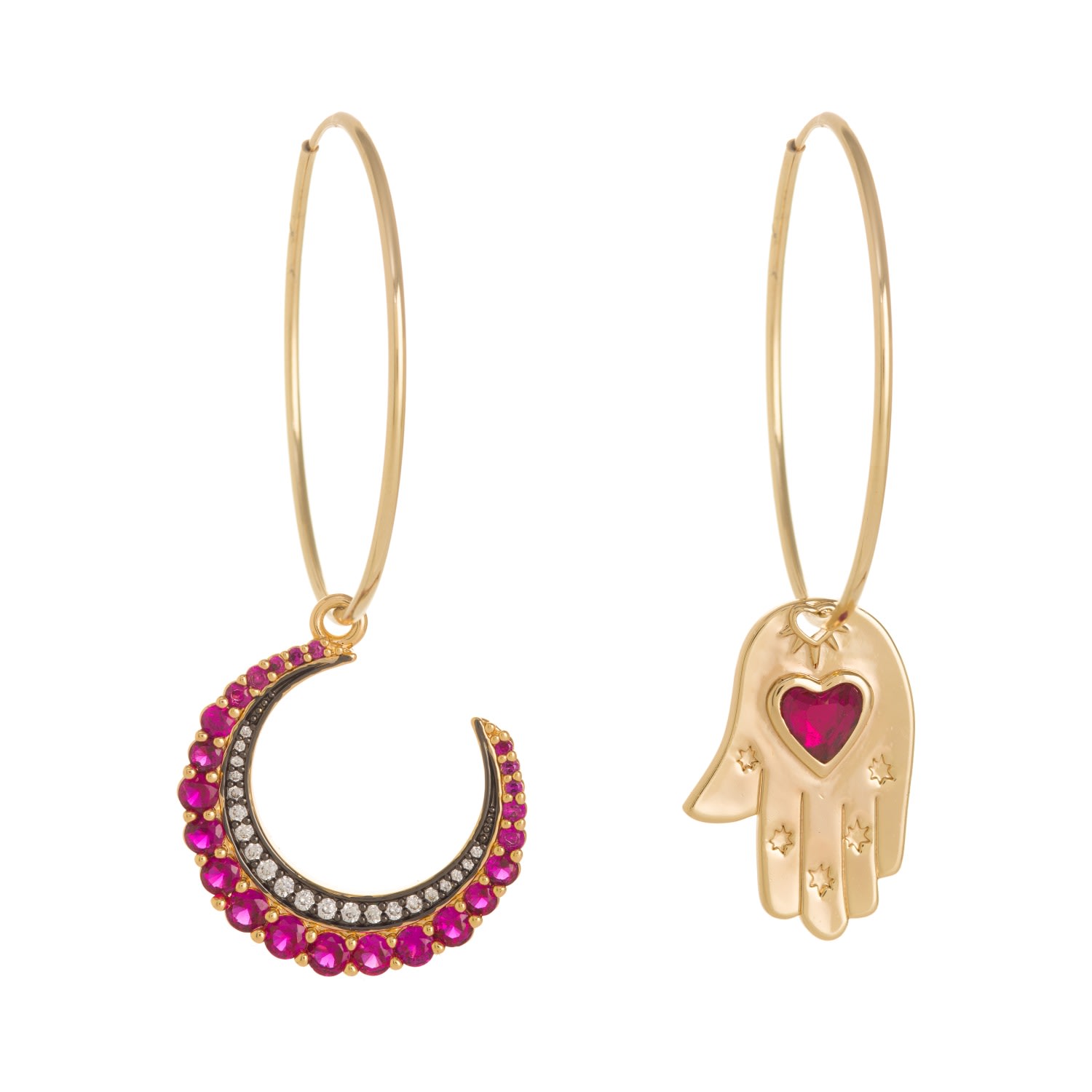 Women’s Gold / Pink / Purple Large Pink Moon And Hamsa Hand Hoop Earrings Patroula Jewellery