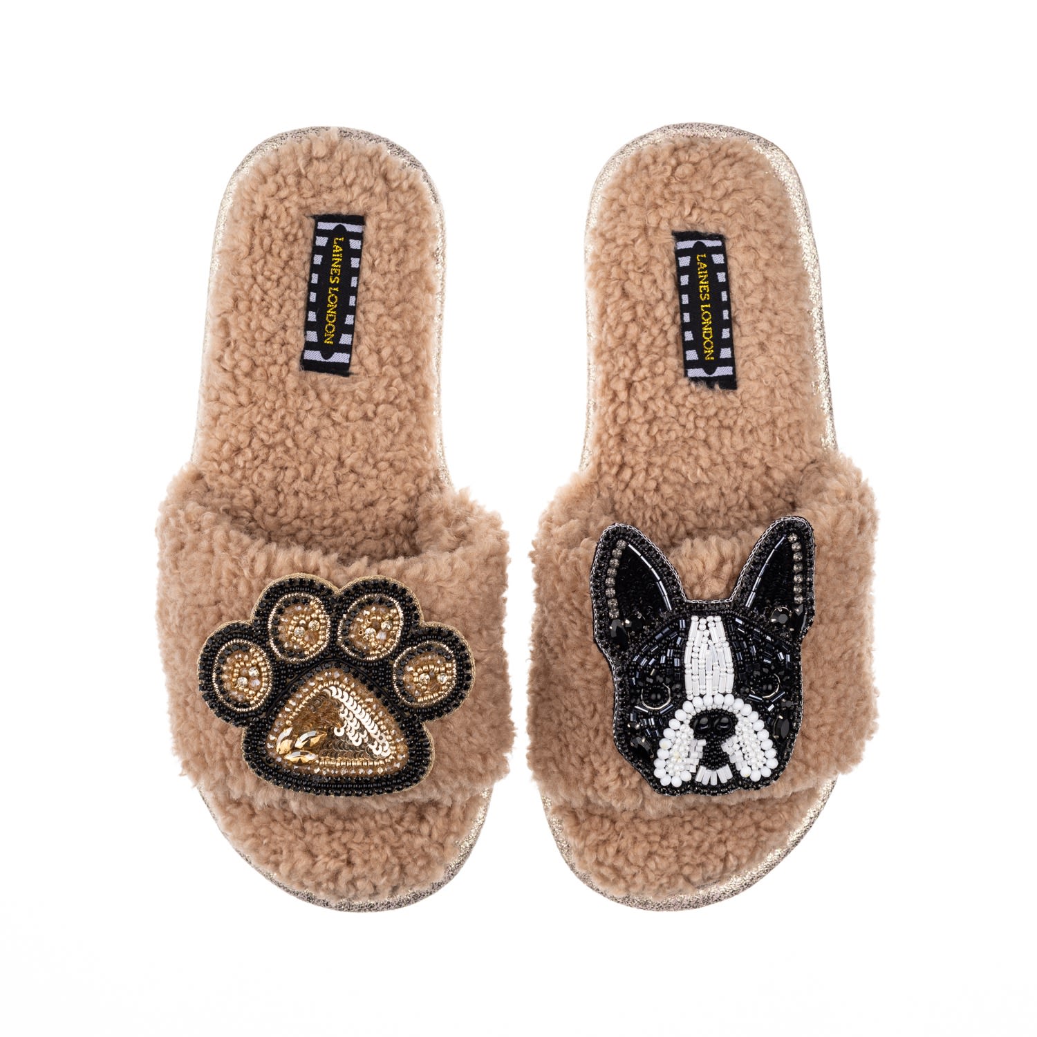 Laines London Women's Brown Teddy Towelling Slipper Sliders With Buddy Boston Terrier & Paw Brooches - Toffee