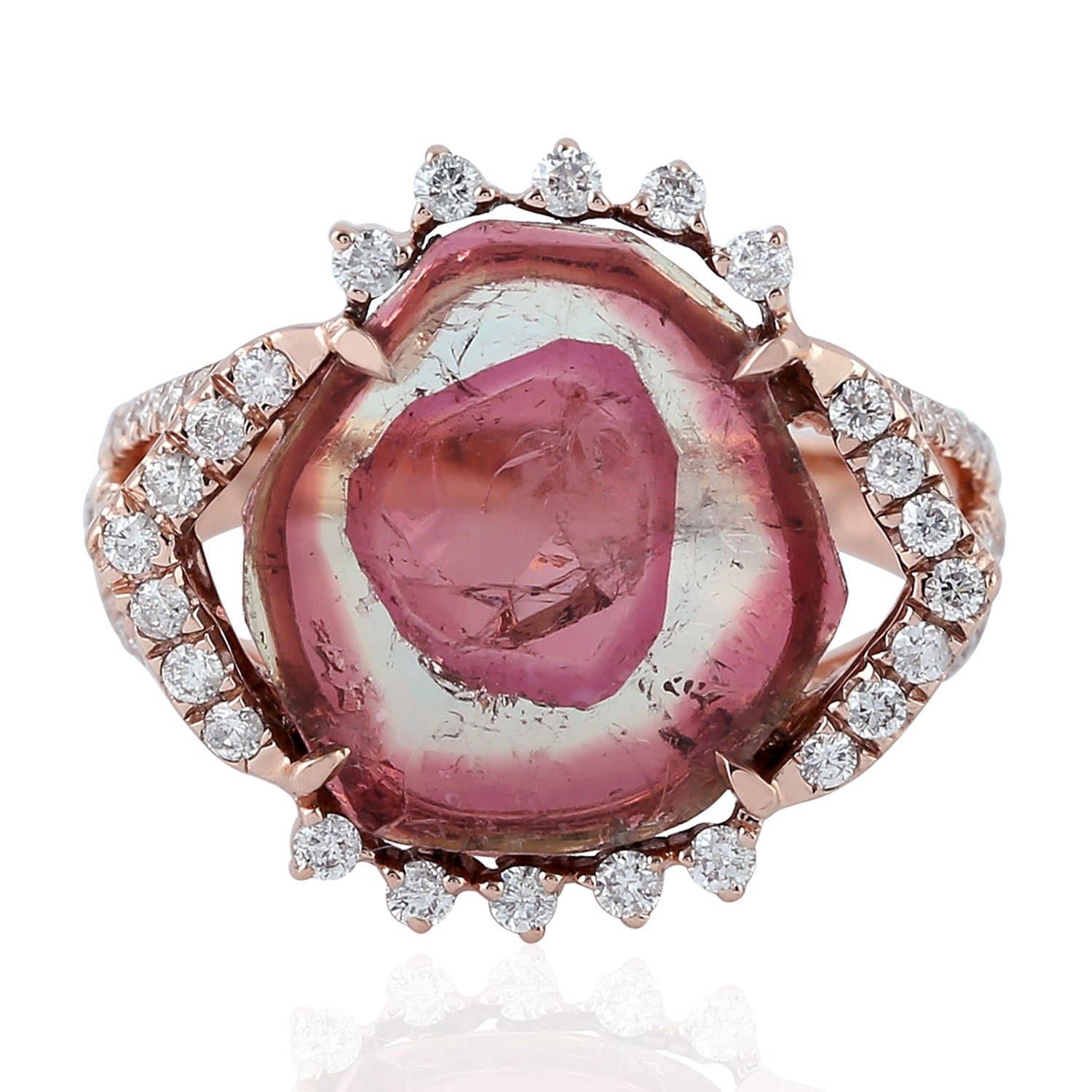 Artisan Women's White / Rose Gold 18k Rose Gold Watermelon Tourmaline & Diamond Cocktail Ring In Burgundy