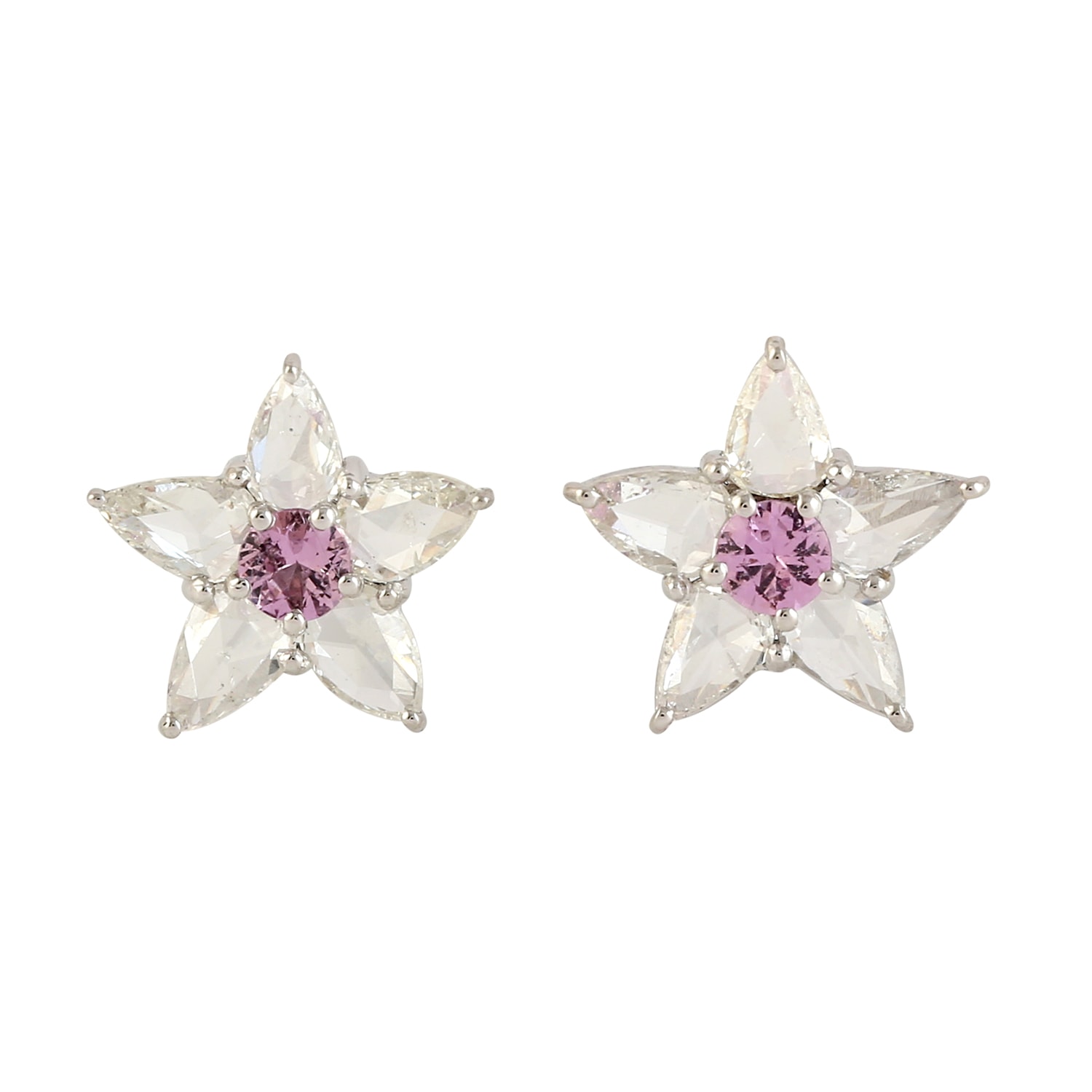 Women’s White / Pink / Purple Natural Rose Cut Diamond & Pink Sapphire In 18K White Gold Mini Flower Stud Earrings Artisan