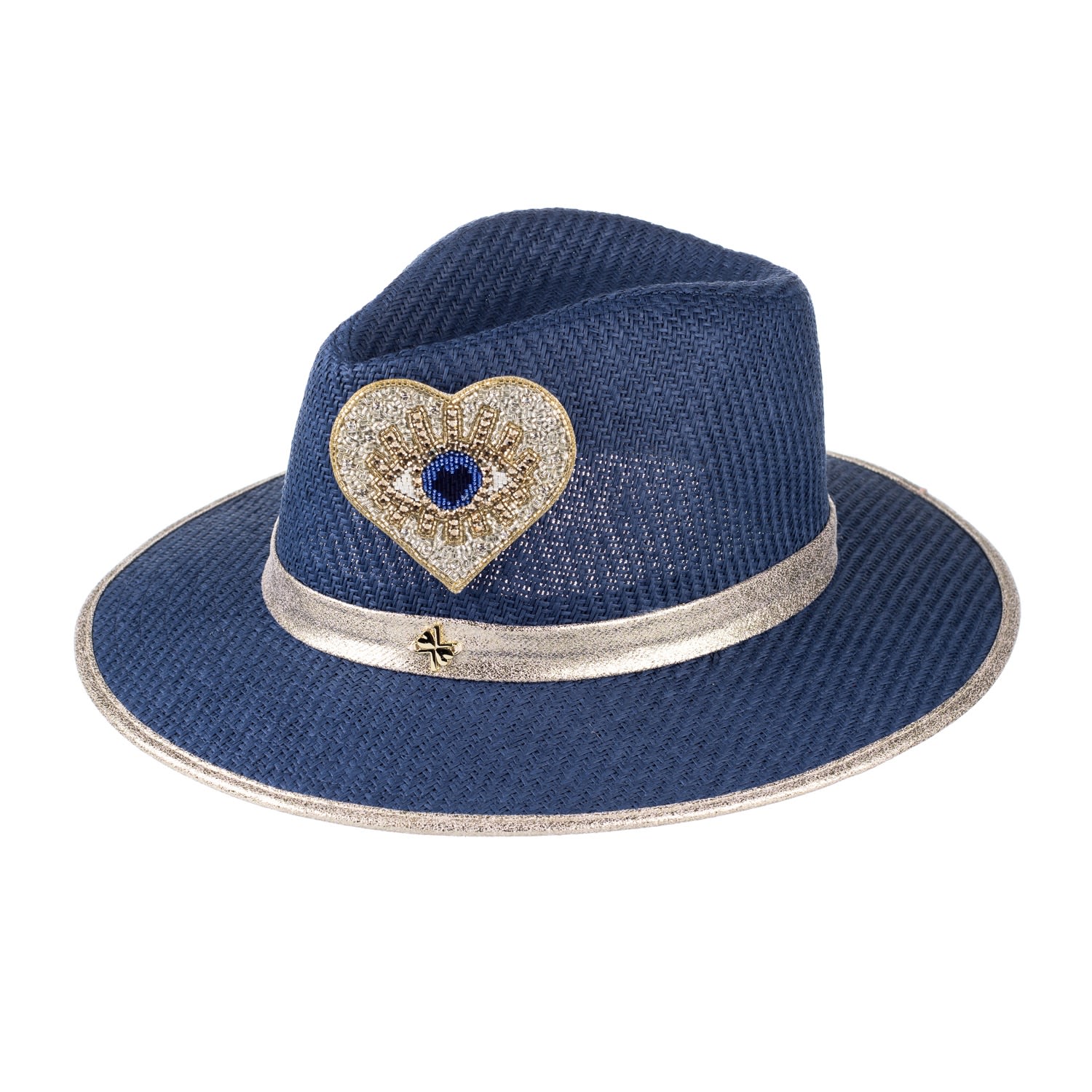 Women’s Straw Woven Hat With Embellished Couture Gold & Blue Heart Eye Brooch - Navy One Size Laines London