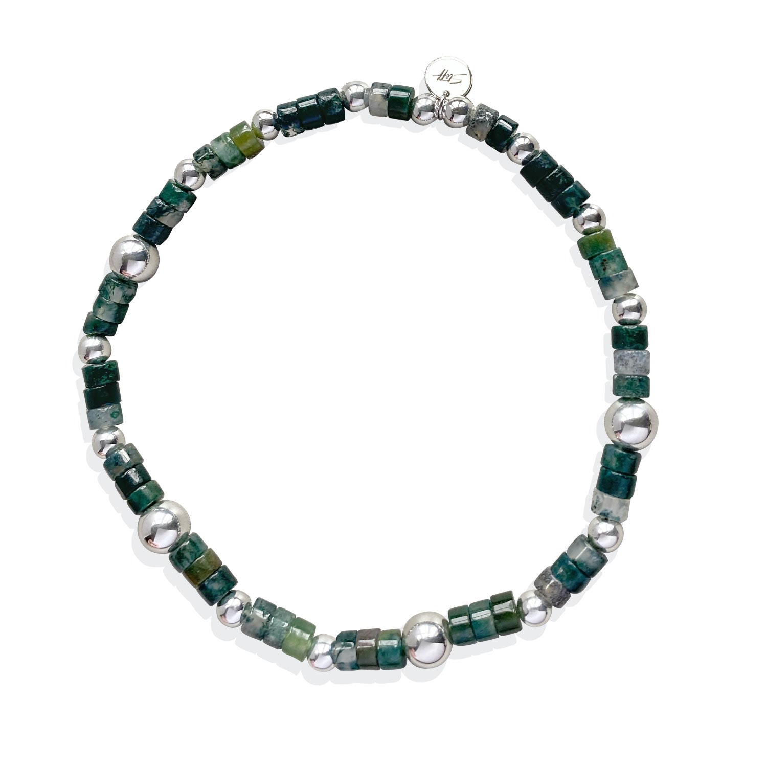 Men’s Green / Silver Silver & Green Moss Agate Gemstone Bead Bracelet Steff Jewellery