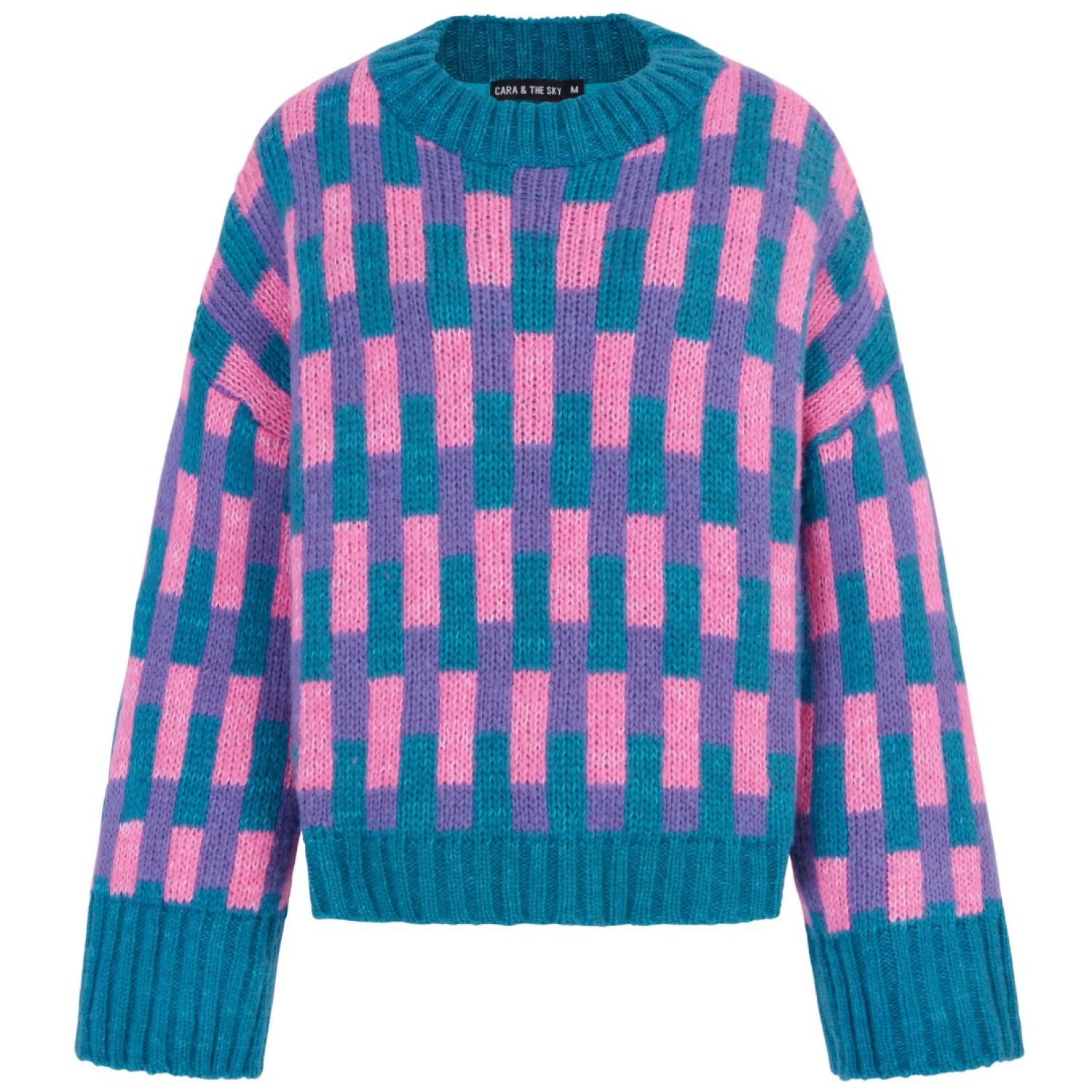 Cara & The Sky Women's Blue / Pink Charlotte Geometric Pattern Wide Sleeve Knit Jumper - Teal In Multi