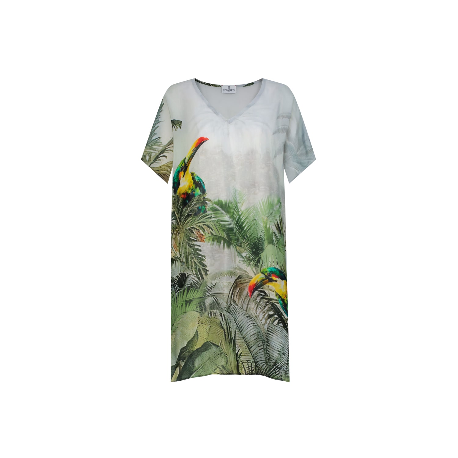 Dhara Sheth Dubai Women's Grey / Green Wild Wings Bird In The Jungle Printed Sheer Short Kaftan