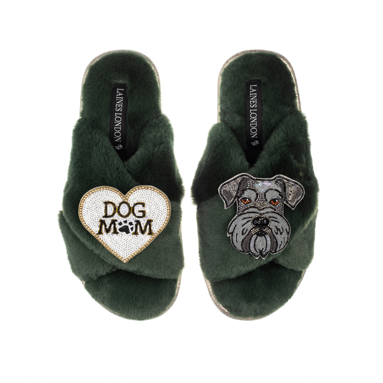 Laines London Women's Classic Laines Slippers With Ernie The Schnauzer & Dog Mum / Mom Brooches - Limited Edition In Green
