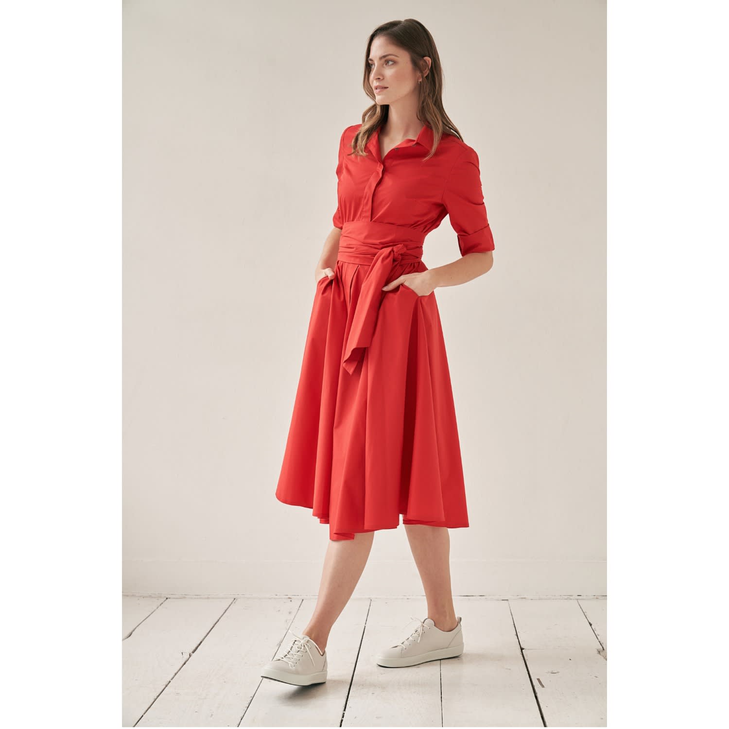 Red shirt dress with belt sales