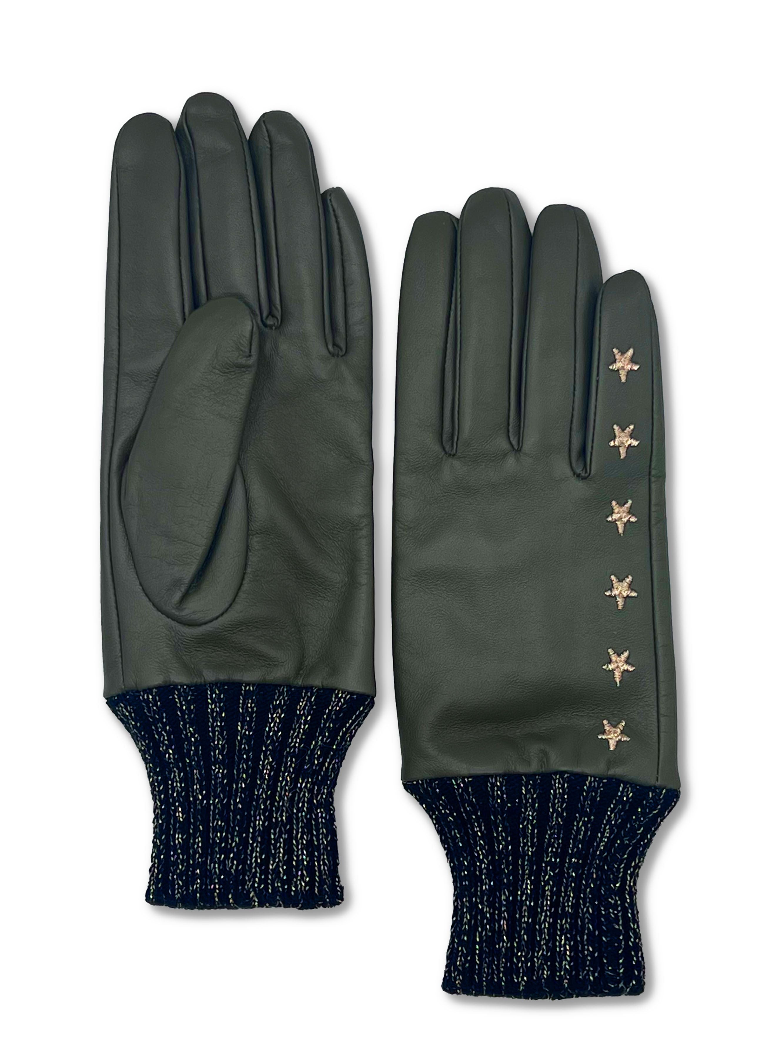 women's green / black elvis star embroidered leather glove-khaki 7" nooki design