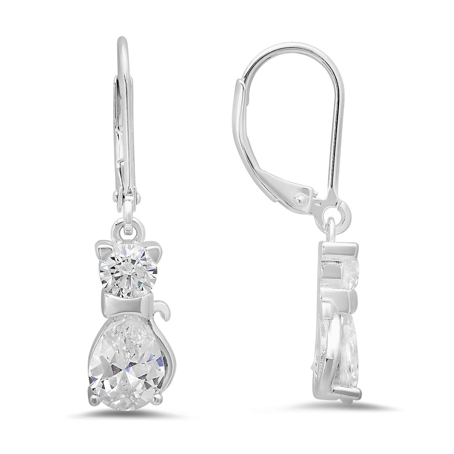 Kylie Harper Women's Dangling Kitty Cat Diamond Cz Leverback Earrings In Sterling Silver