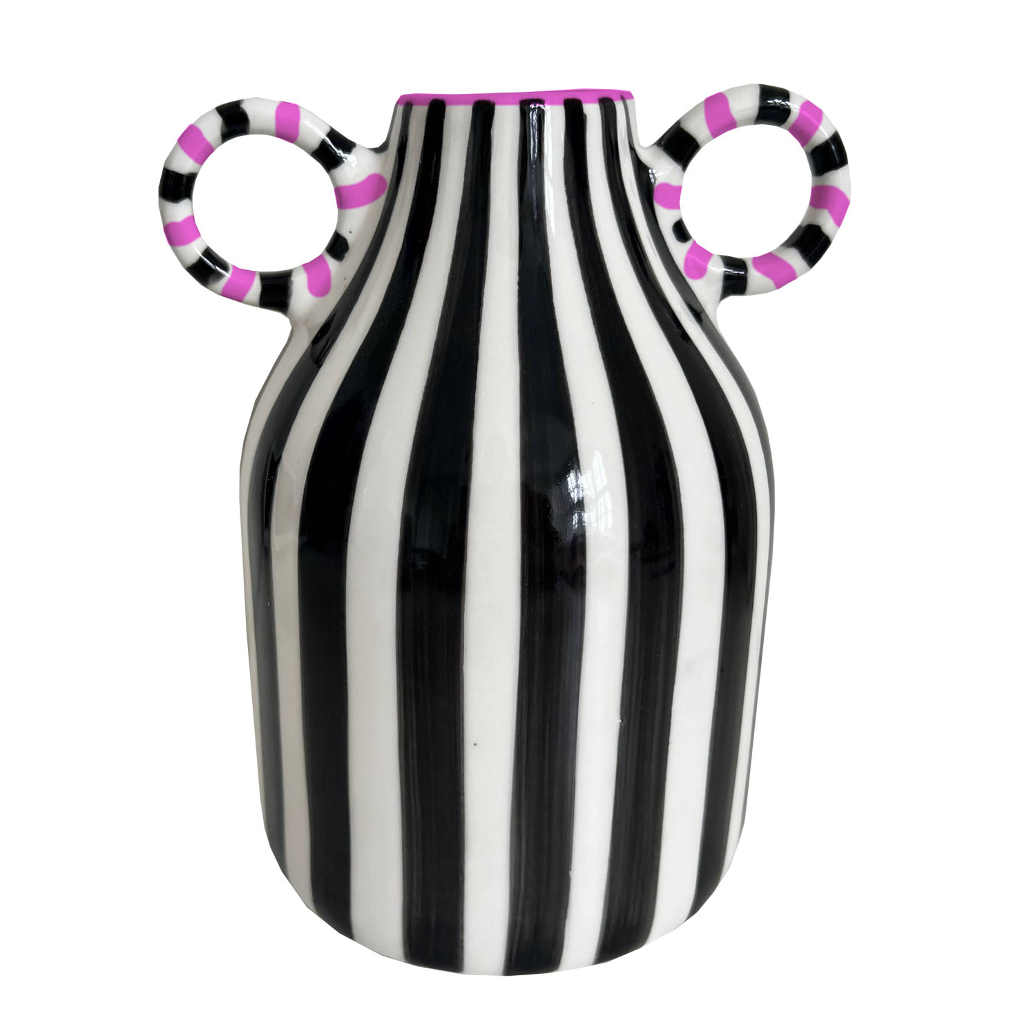 Quillattire Black / White Zebra Stripe Mono With Pink Handle Vase