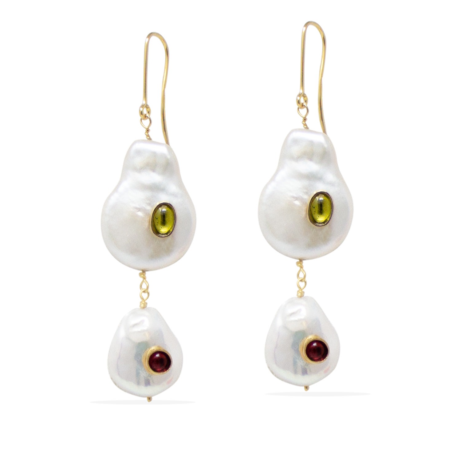 Women’s White / Red / Green Aphrodite Gold Vermeil Pearl, Peridot & Garnet Earrings Vintouch Italy