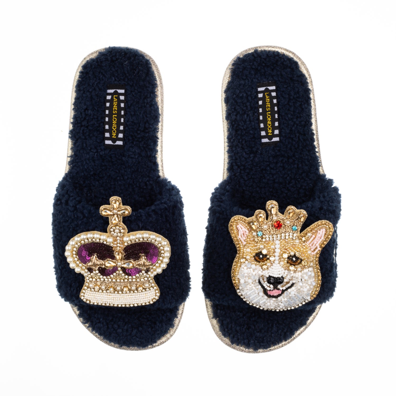 Laines London Women's Blue Teddy Towelling Slipper Sliders With Sandy The Corgi & Royal Crown Brooches - Navy In Blue