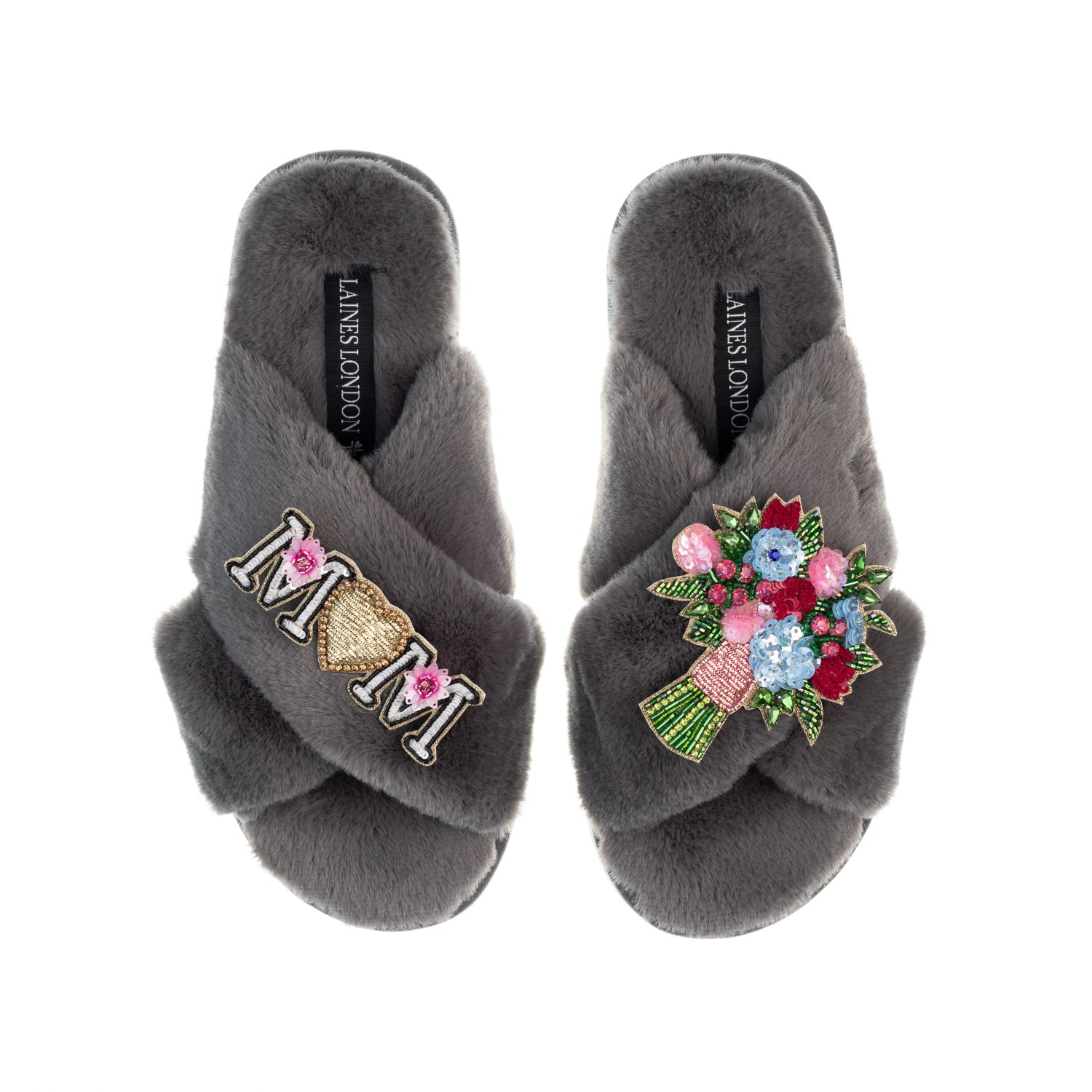 Laines London Women's Classic Laines Mother's Day Slippers With Floral Bouquet & Mum / Mom Brooches - Grey In Grey