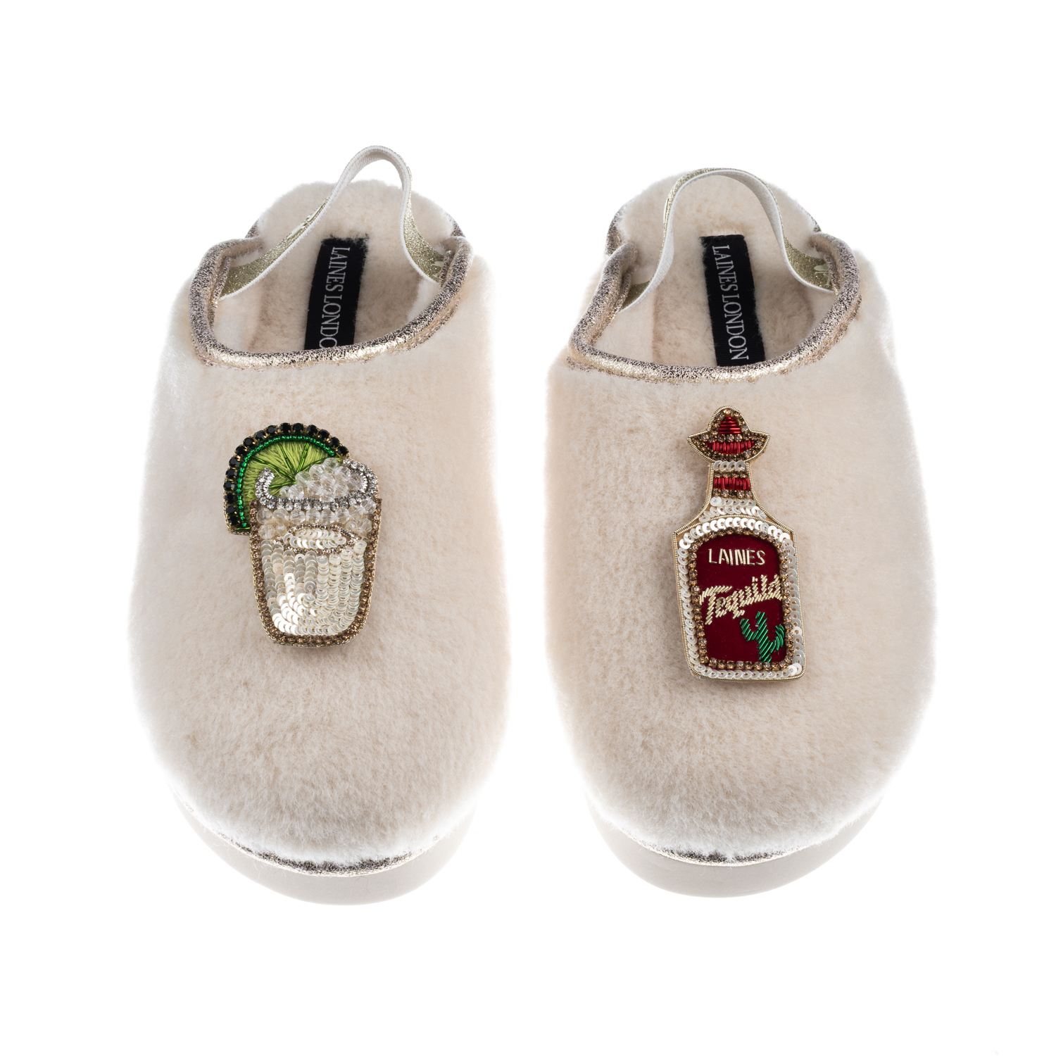 Laines London Women's Neutrals / Gold / White Flatform Cloud Slippers With Tequila Slammer Brooches - Cream In Gray