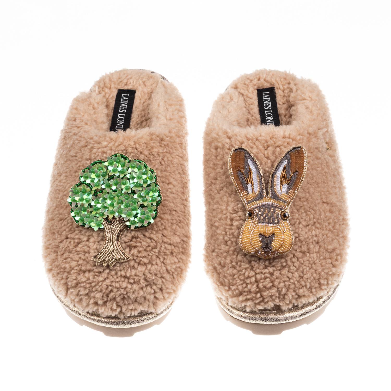 Laines London Women's Brown / Neutrals Teddy Closed Toe Slippers With Hare & Oak Tree Brooches - Toffee In Brown