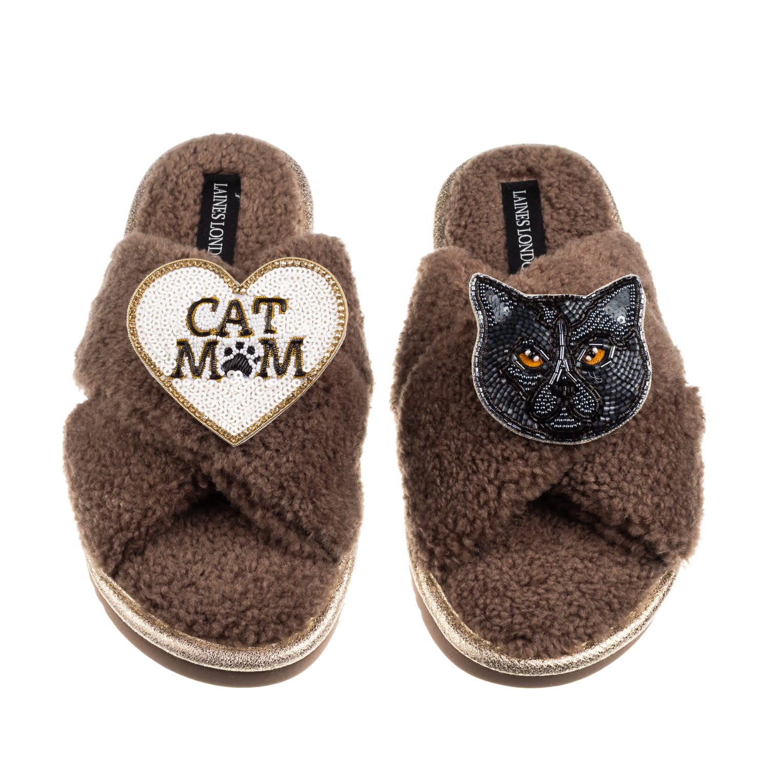 Laines London Women's Brown / Neutrals Boucle Slippers With Cat Mum/mom & Black British Shorthair Brooches - Mink In Brown