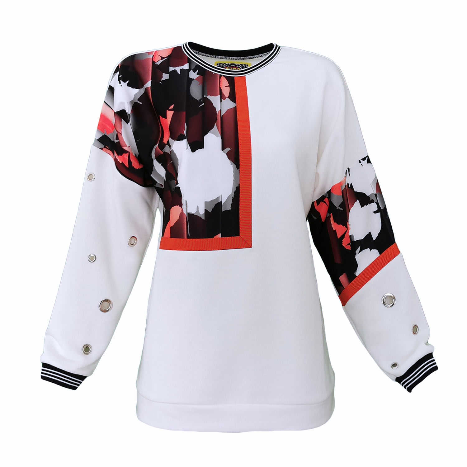 Lalipop Design Women's White Sweatshirt With Eyelet Details & Abstract Camo Print In White