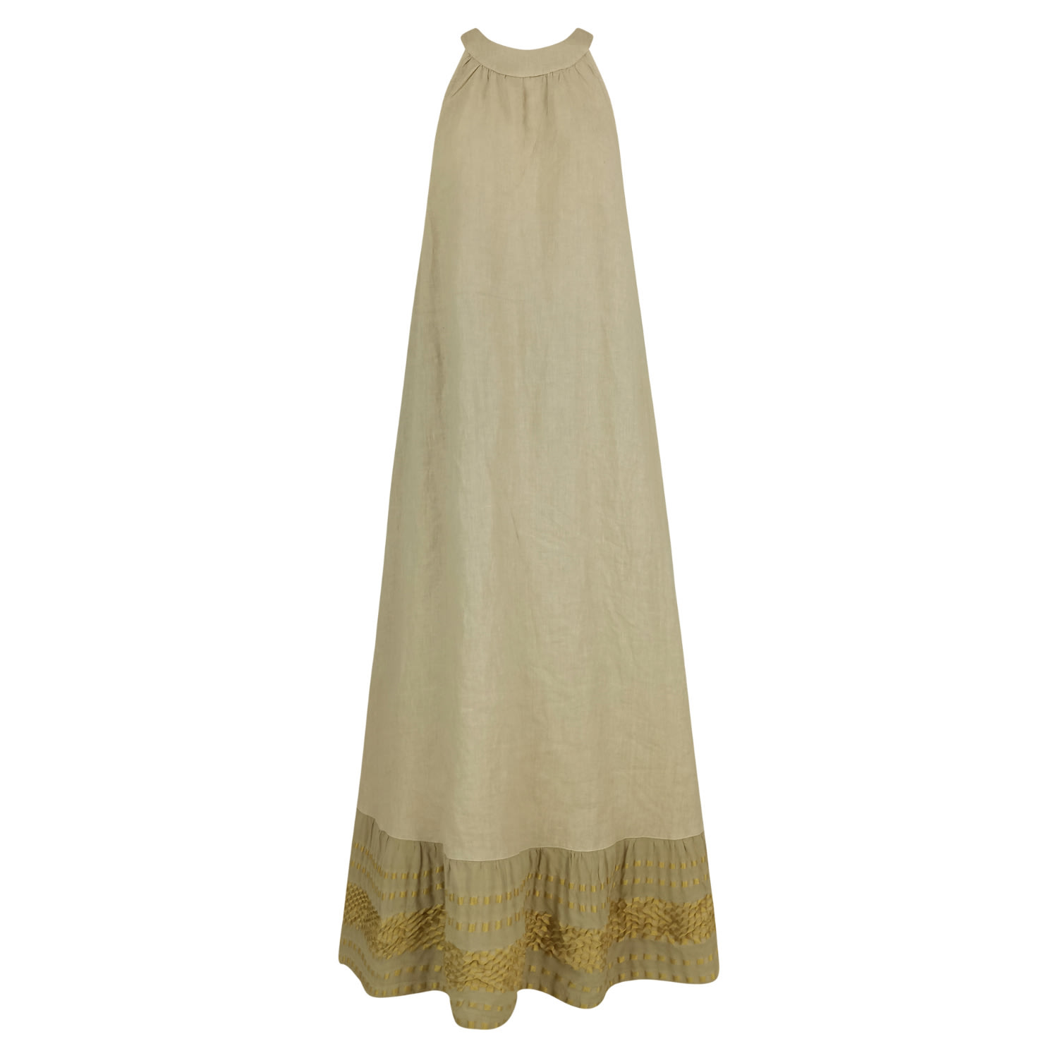 Haris Cotton Women's Halter Neck Maxi Linen Dress With  Embroidered Cotton Panels-beach Sand