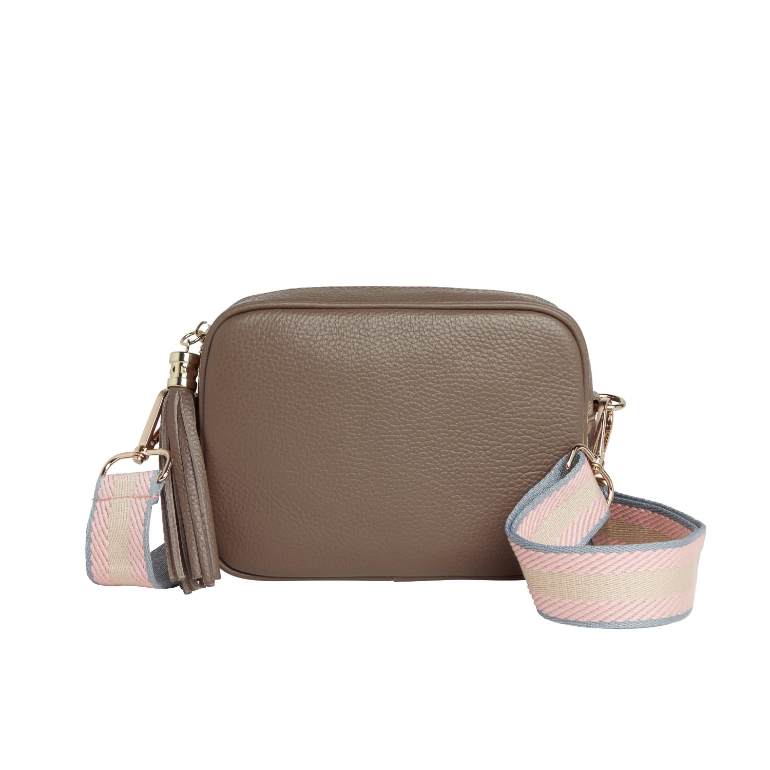 Betsy & Floss Women's Brown Verona Crossbody Dark Taupe Tassel Bag With Pastel Pink Strap In Brown