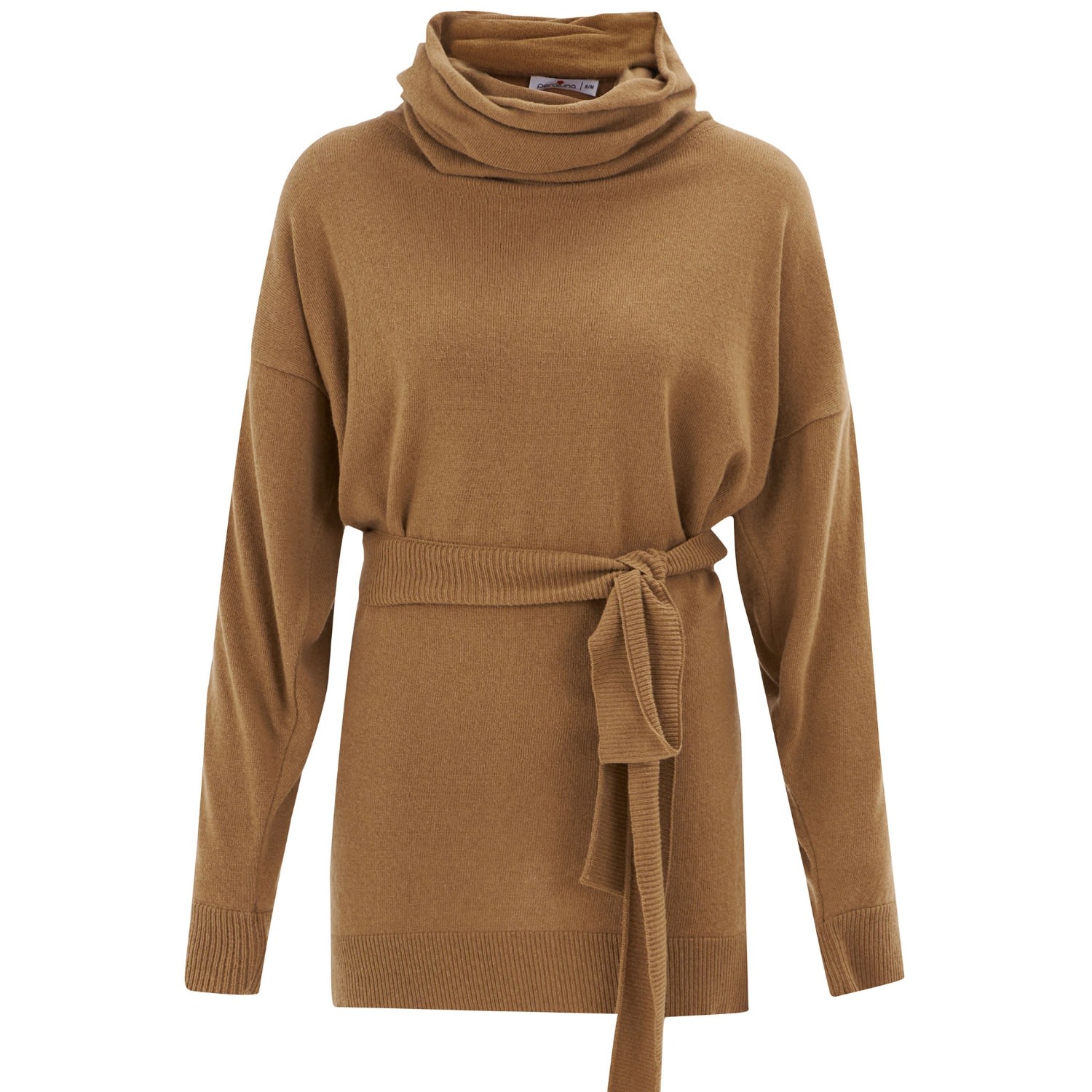 Women’s Brown Cashmere Blend Mock Neck Belted Knitwear Long Pullover - Camel L/Xl Peraluna