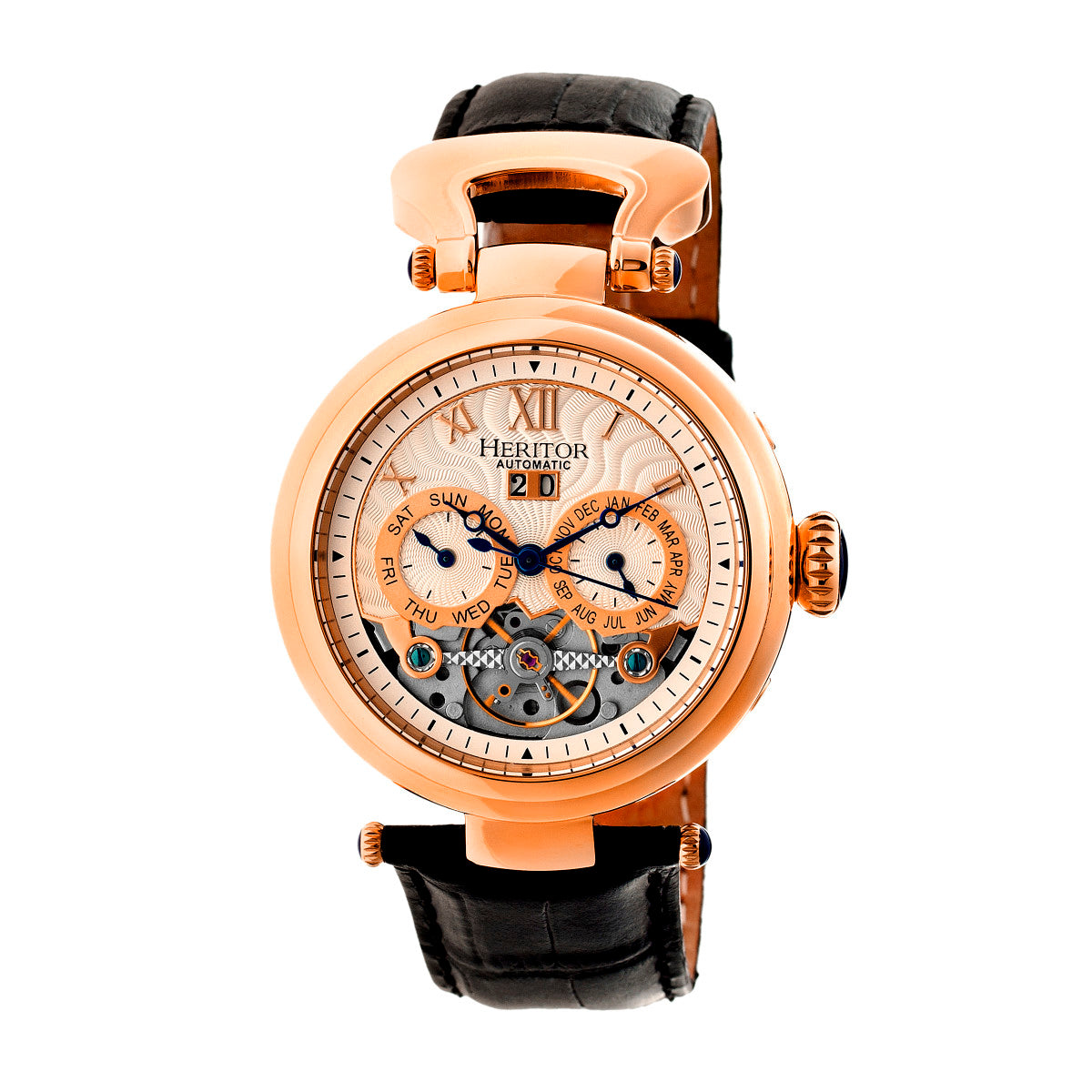 Men’s Silver / Rose Gold Ganzi Semi-Skeleton Leather-Band Watch With Day And Date - Rose Gold, Silver One Size Heritor Automatic