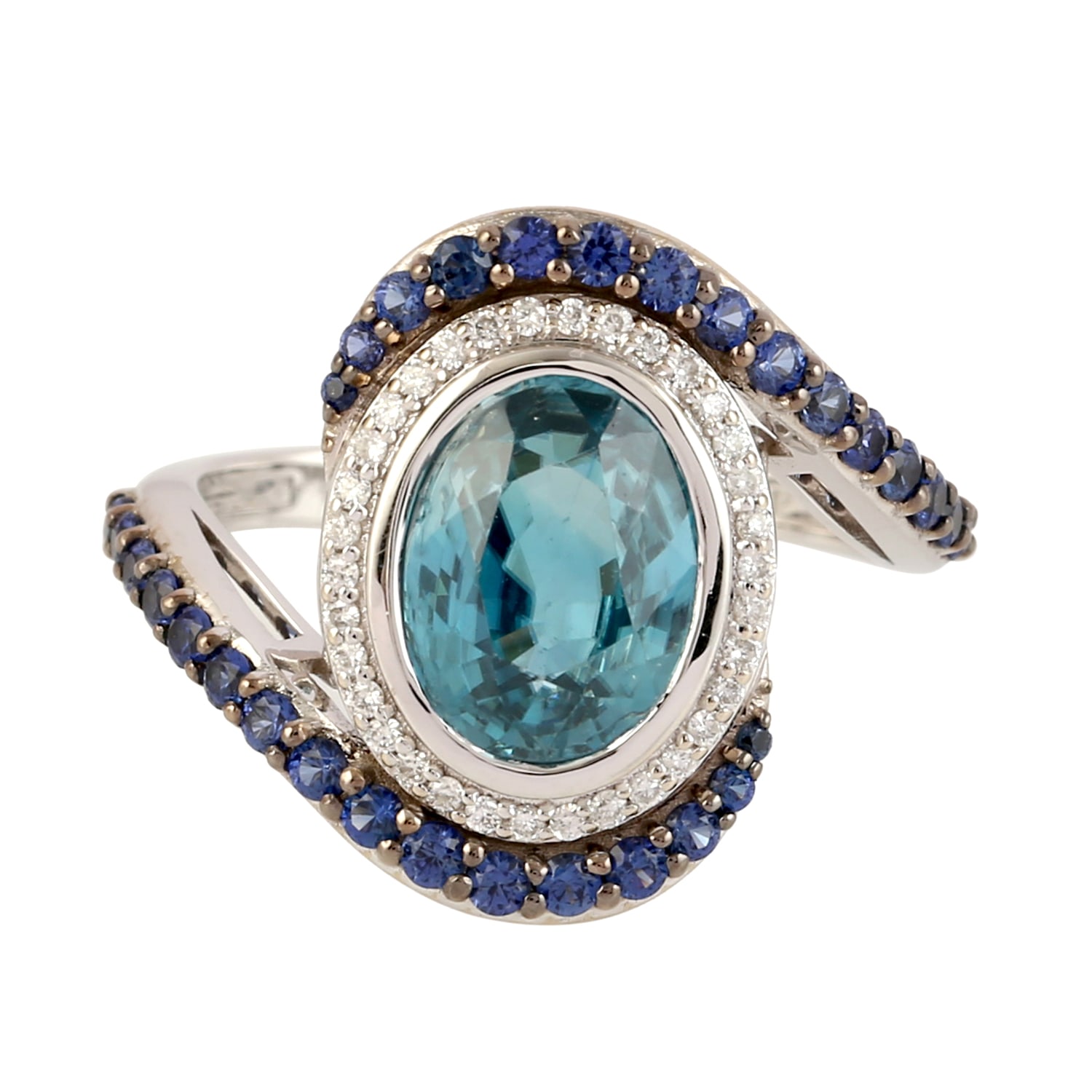 Women’s White / Blue Blue Sapphire Pave Natural Diamond & Oval Cut Zirconia In 18K White Gold Designer Ring Artisan