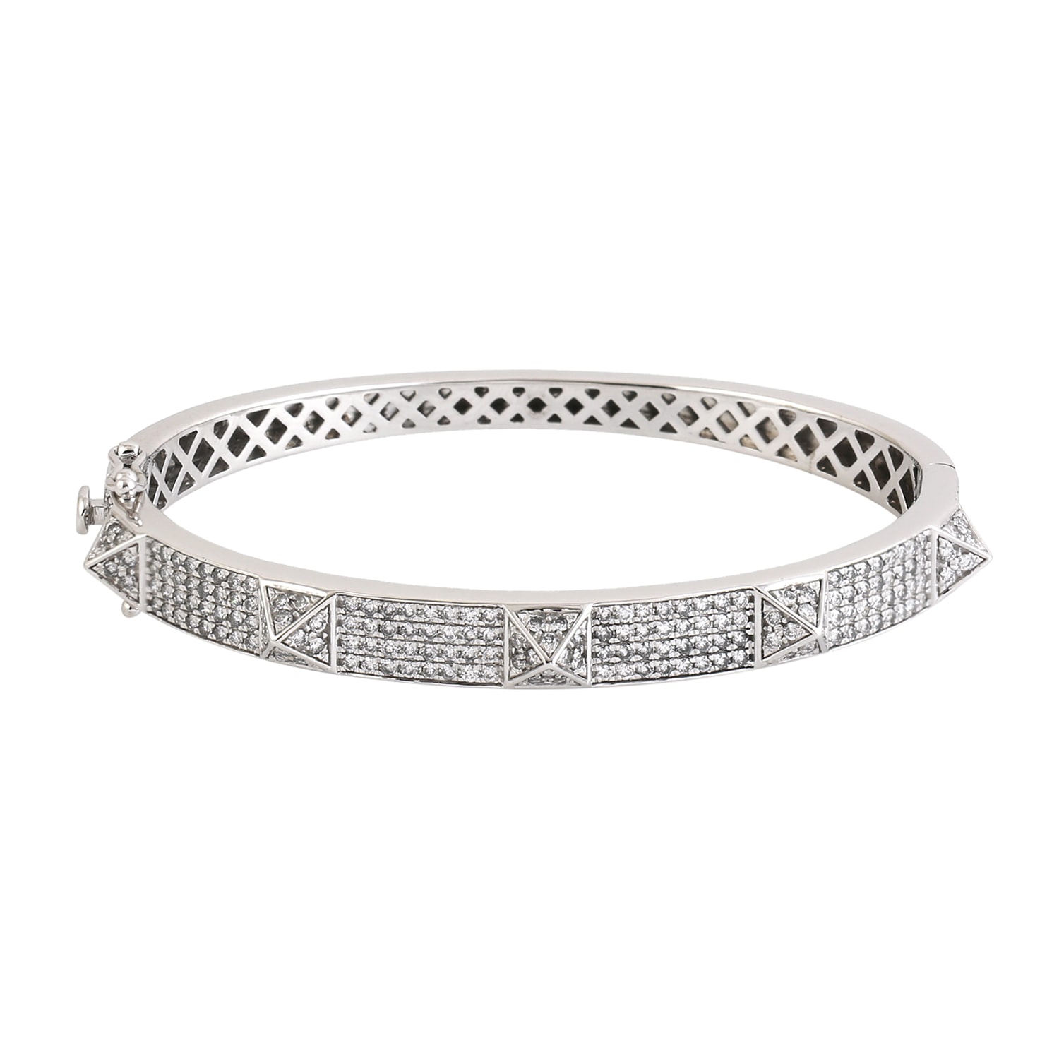 Women’s Solid 18K White Gold In Micro Pave Diamond Pyramid Shape Bangle Artisan