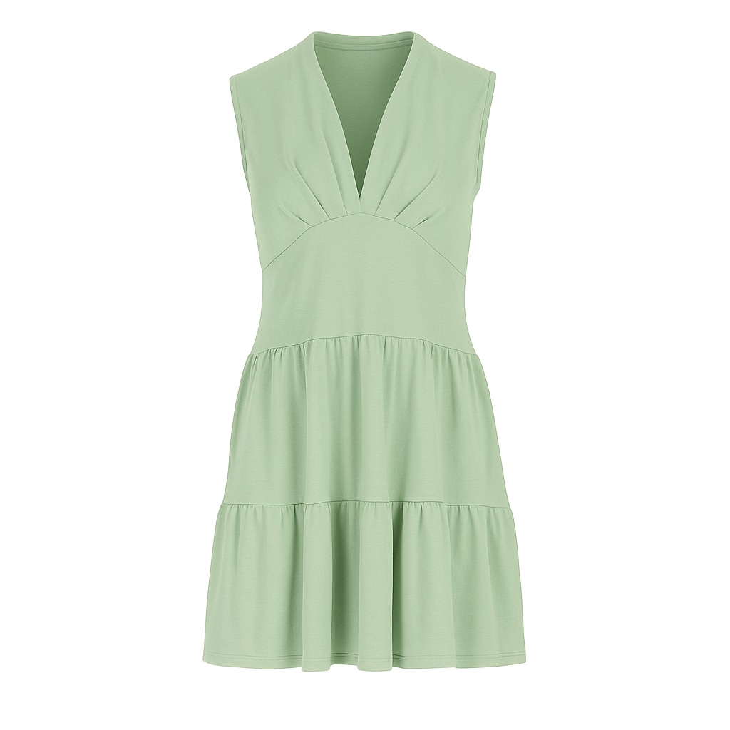 Conquista Women's Light Green Sleeveless V-neck Jersey Dress – Loose Fit, Knee-length