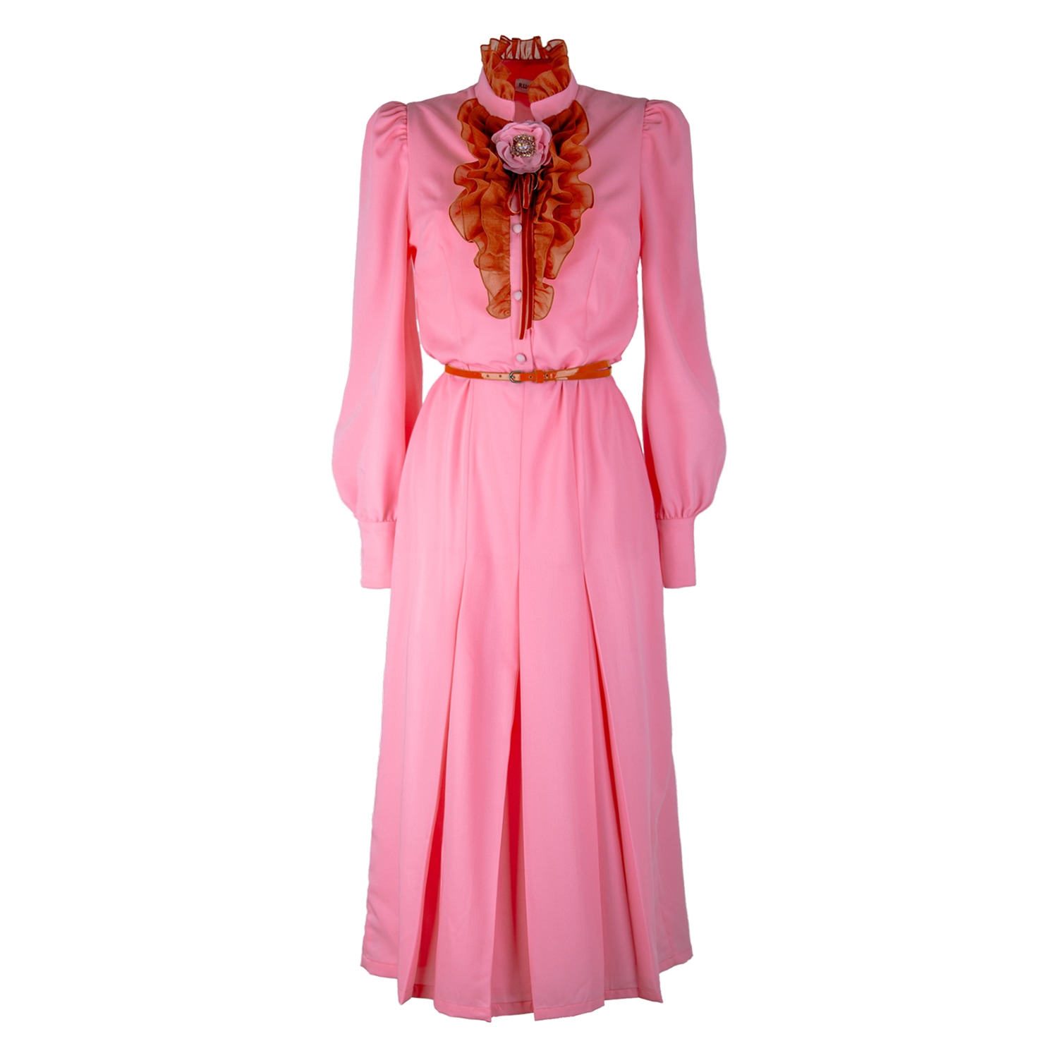 Rua & Rua Women's Pink / Purple / Yellow Ruffled Wool Midi Dress With Flower Brooch In Pink In Pink/purple/yellow