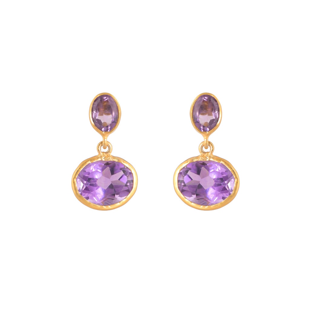 Opium Jewels Women's Gold / Pink / Purple Double Droplet Oval Studs - Amethyst