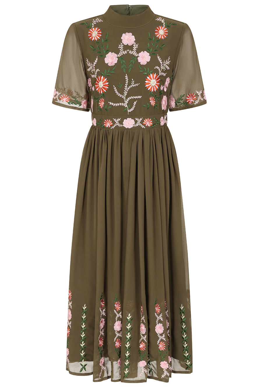 green emerald velvet dress Virginia Suiting Embroidered Midi Dress / Burnt Rose | Meshki
