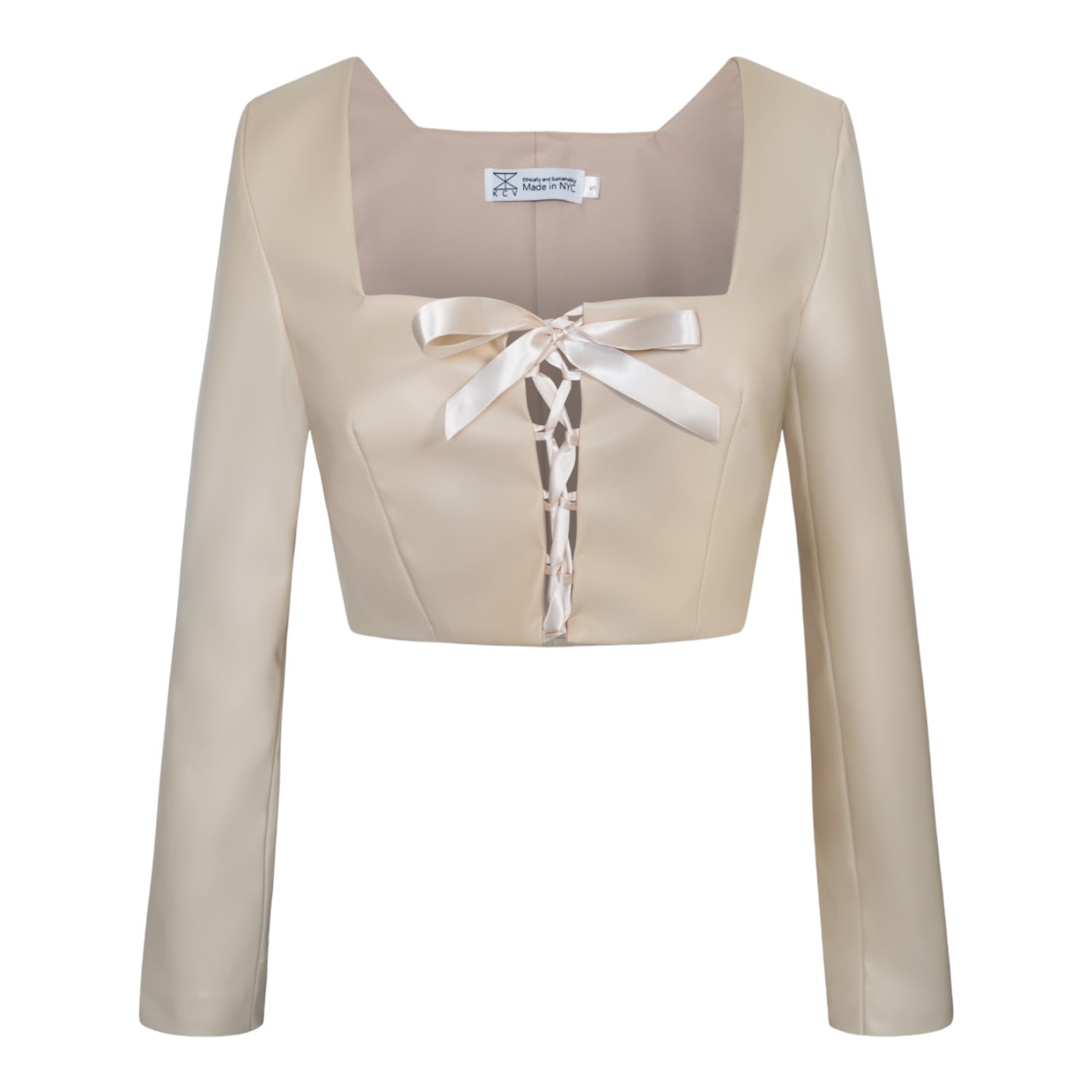 Women’s Neutrals Genevieve Long Sleeve Crop Top - Beige Faux Leather Xxs Kathy C Vang