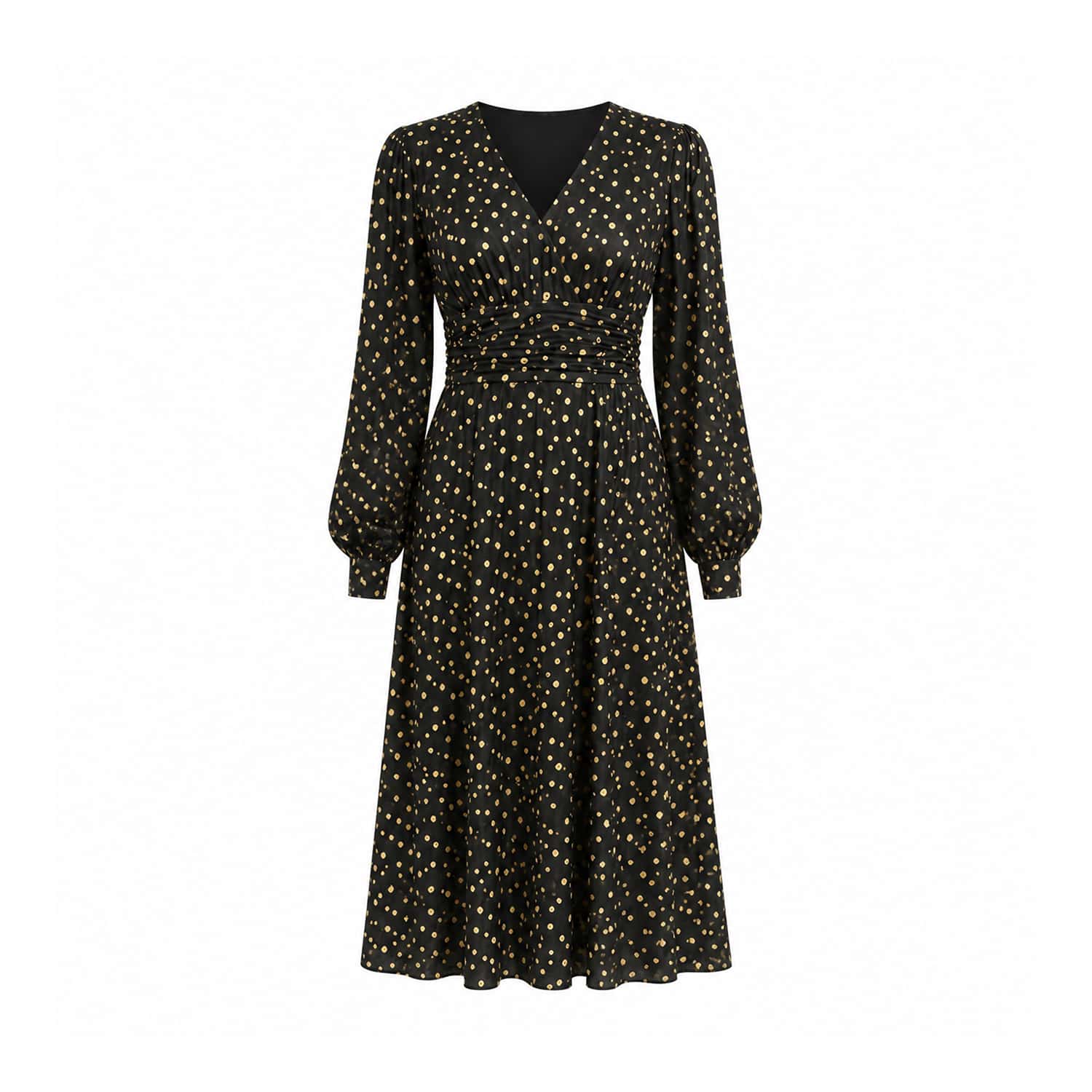 black dress with gold foil print Yumi Midi | Yumi black and gold dress illusion