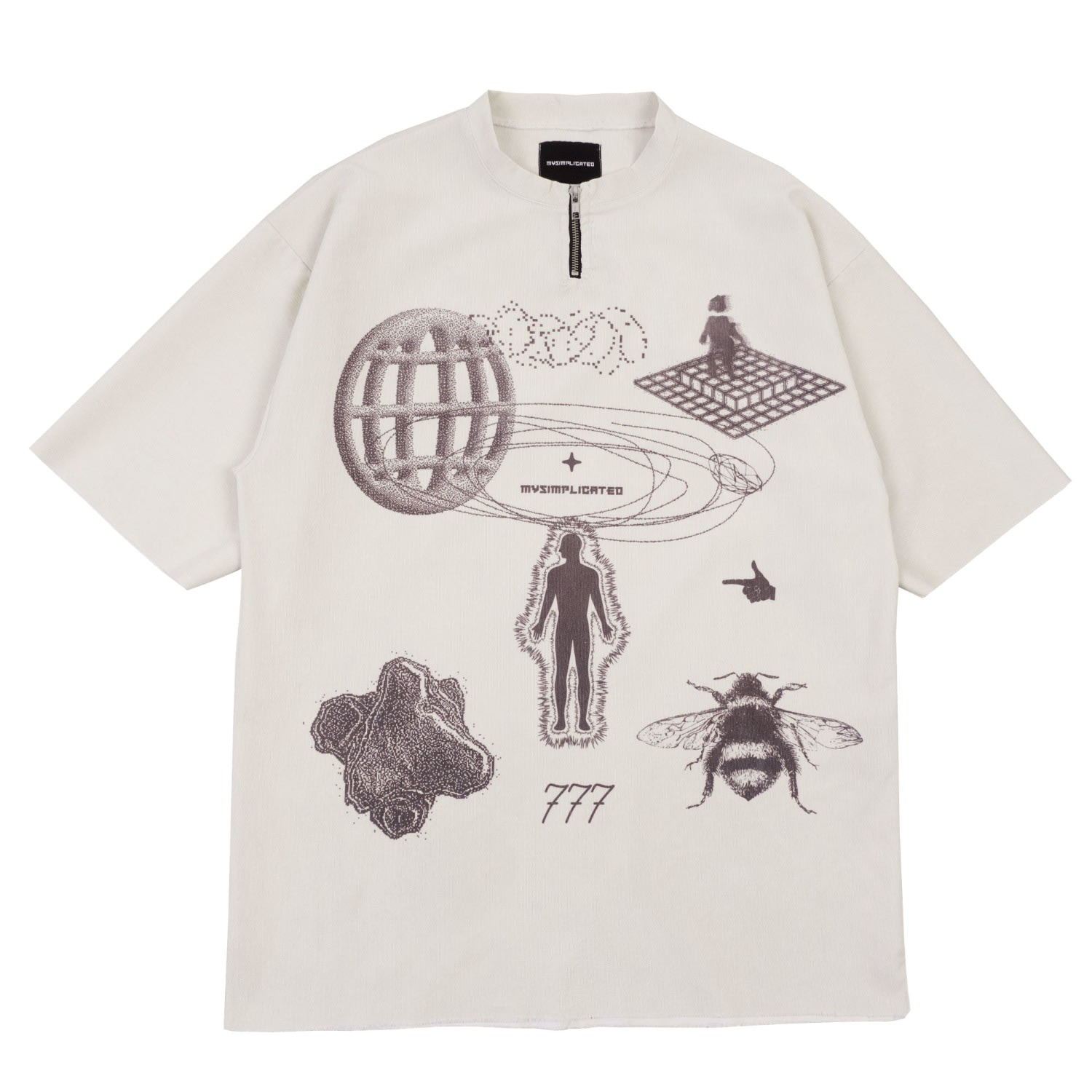 Mysimplicated Women's Neutrals / Black Oversized Beige T-shirt In Ribbed Fabric - Symbols Design W In Black