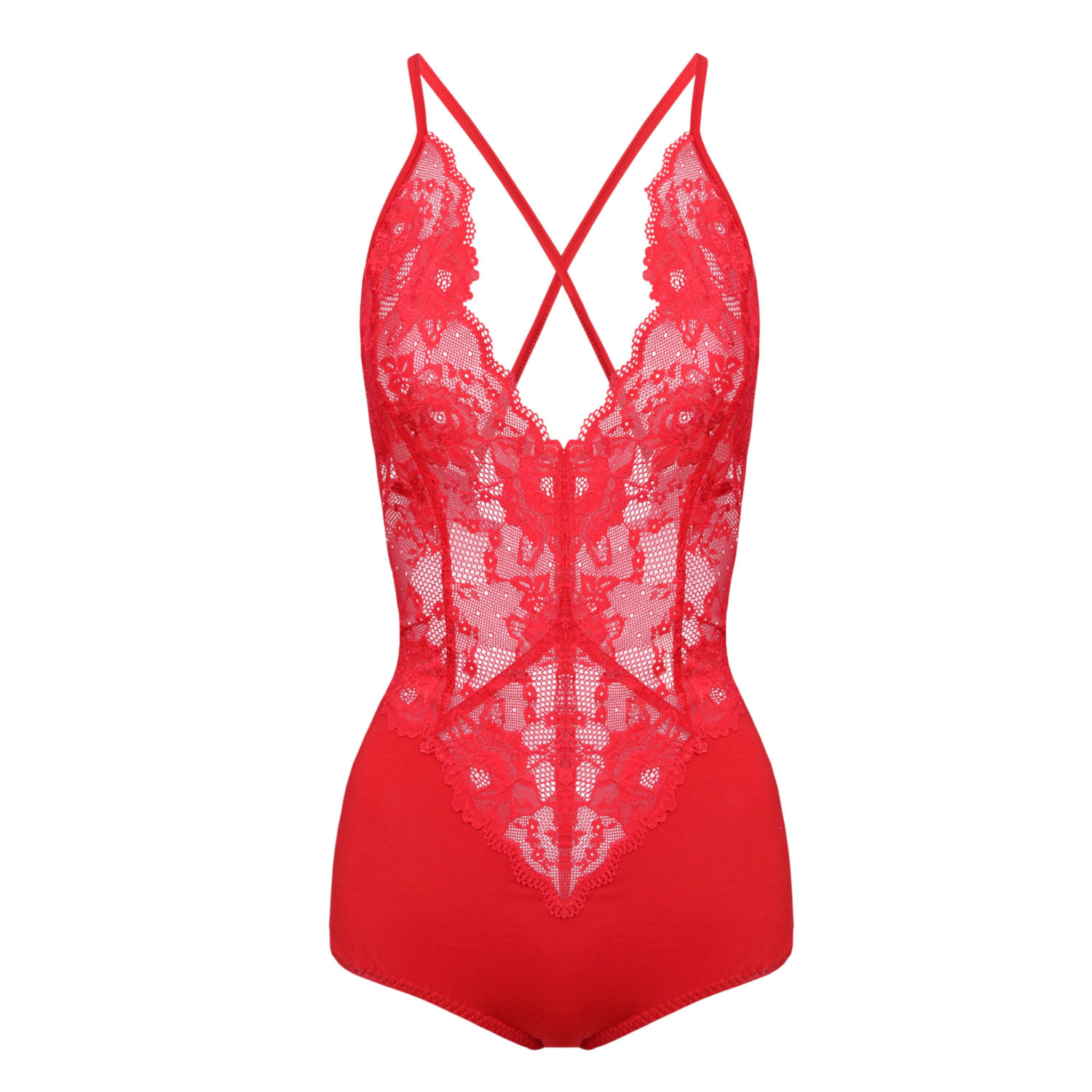 Womens Red Heart Fluted Lace Bodysuit