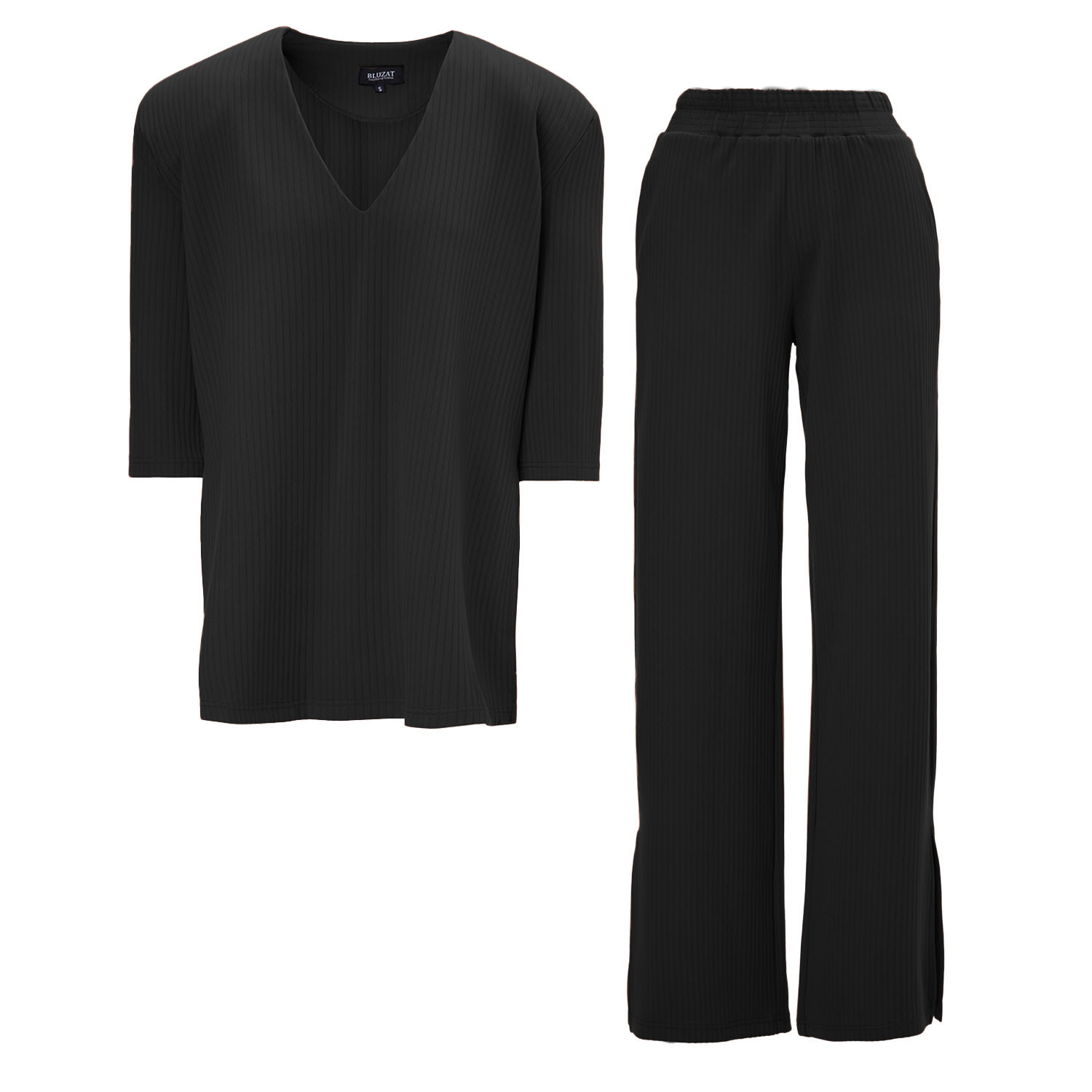 Ribbed Black Matching Set With Blouse And Trousers With Slit Extra Small Bluzat