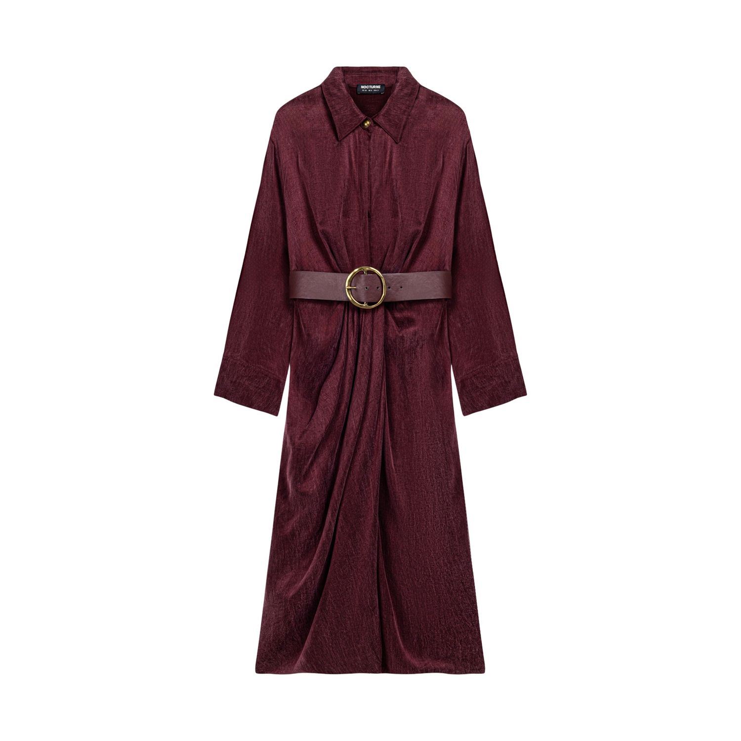 Nocturne Women's Red Burgundy Belted Draped Shirt-collar Maxi Dress In Red