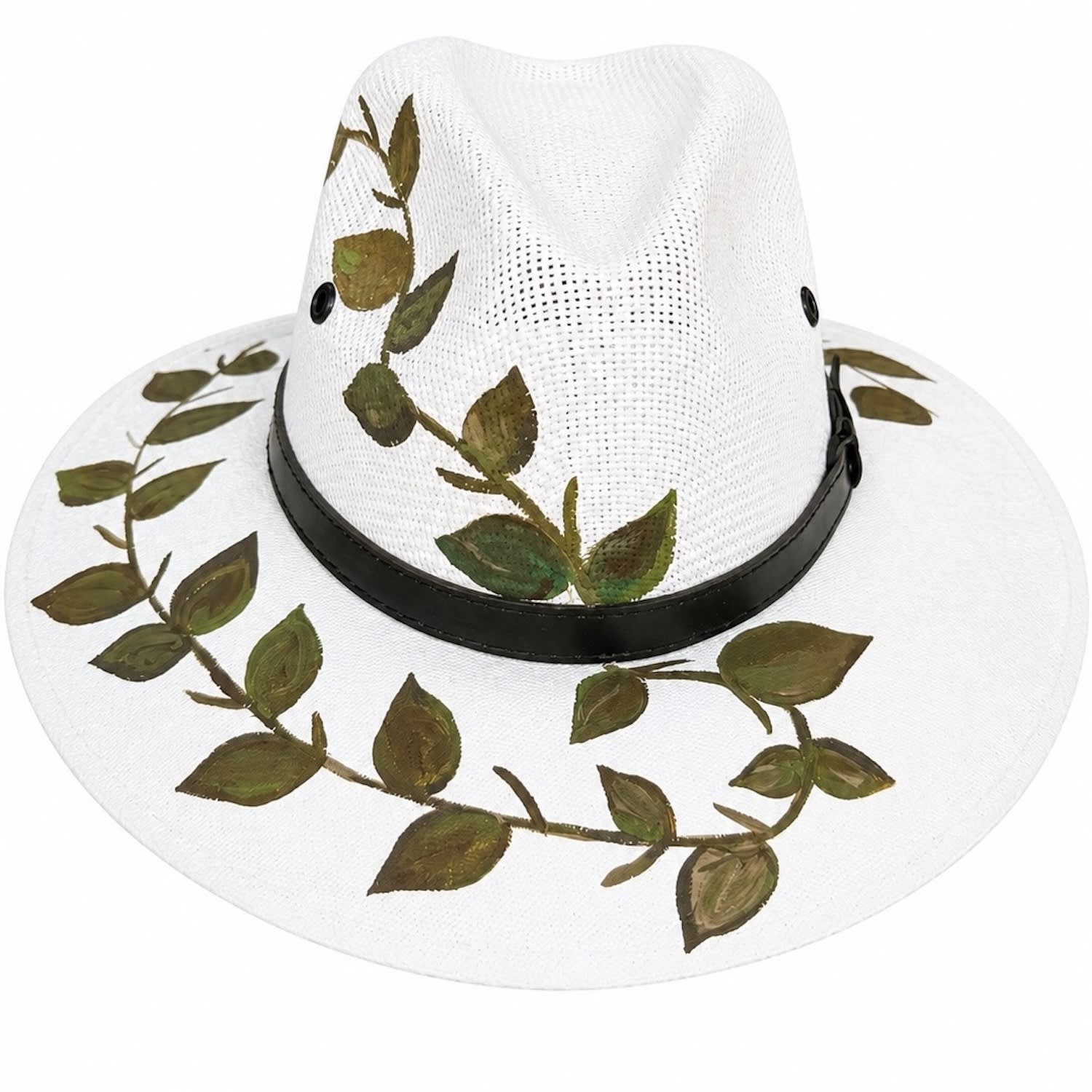 Women's White / Green Botanical Painted Jute Hat | 58Cm | Bella Soul
