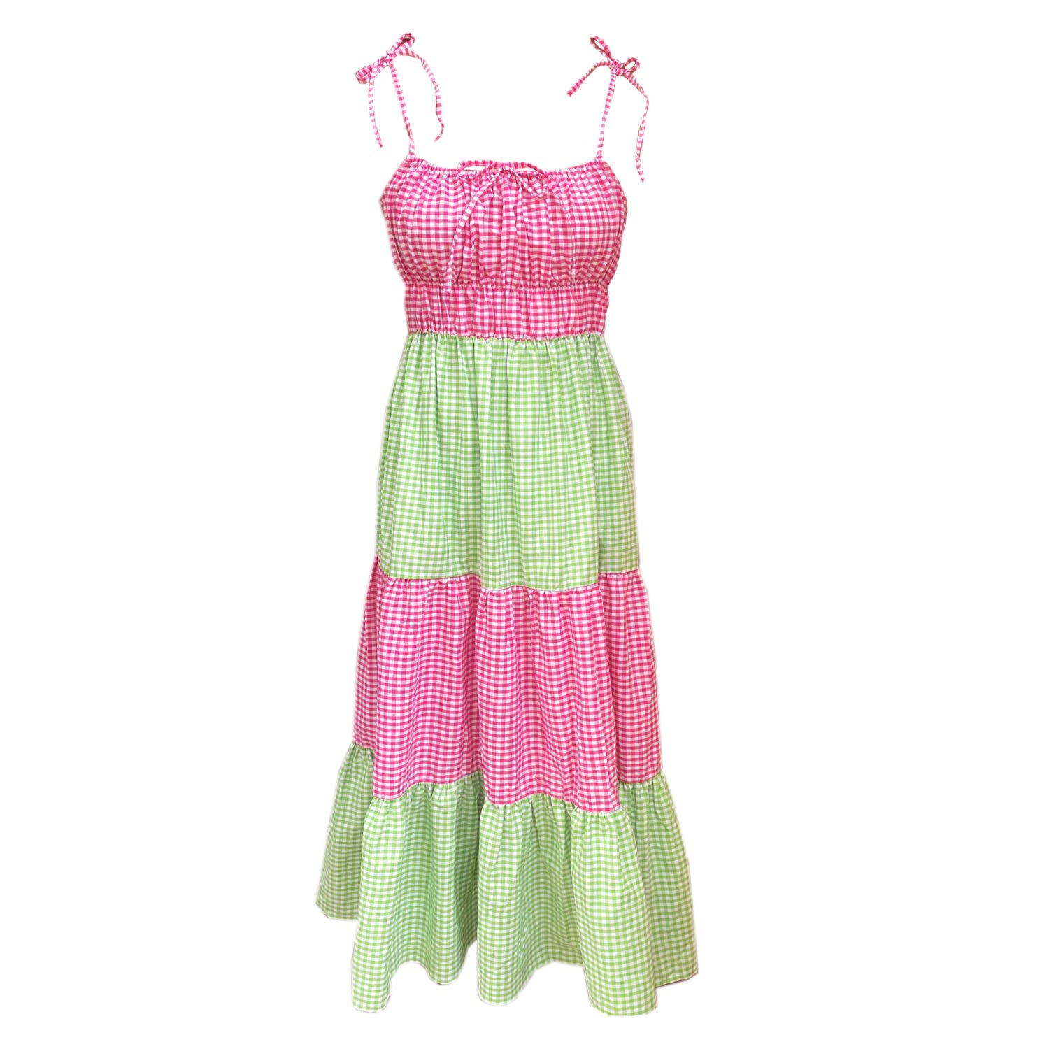 Women’s Green / Pink / Purple Cotton Tiered Midi Gingham Sun Dress - Green, Pink & Purple Large Lavaand