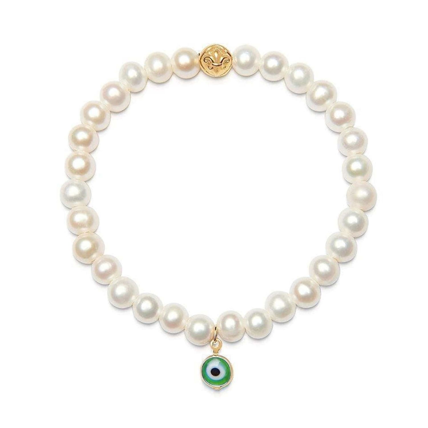 Nialaya Women's Wristband With White Pearls And Green Evil Eye Charm