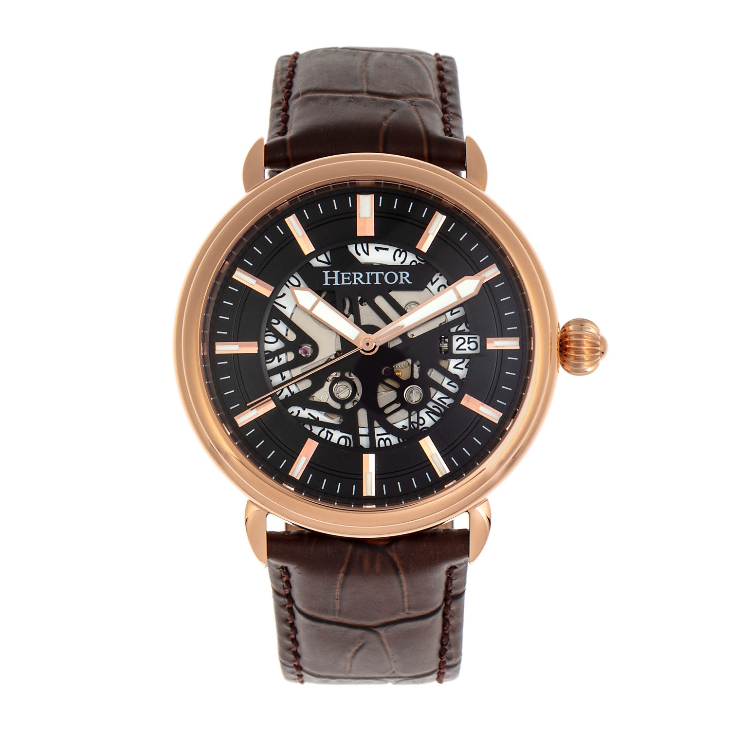 Heritor Automatic Men's Black / Rose Gold Mattias Semi-skeleton Leather-band Watch With Date - Black, Rose Gold In Black/rose Gold