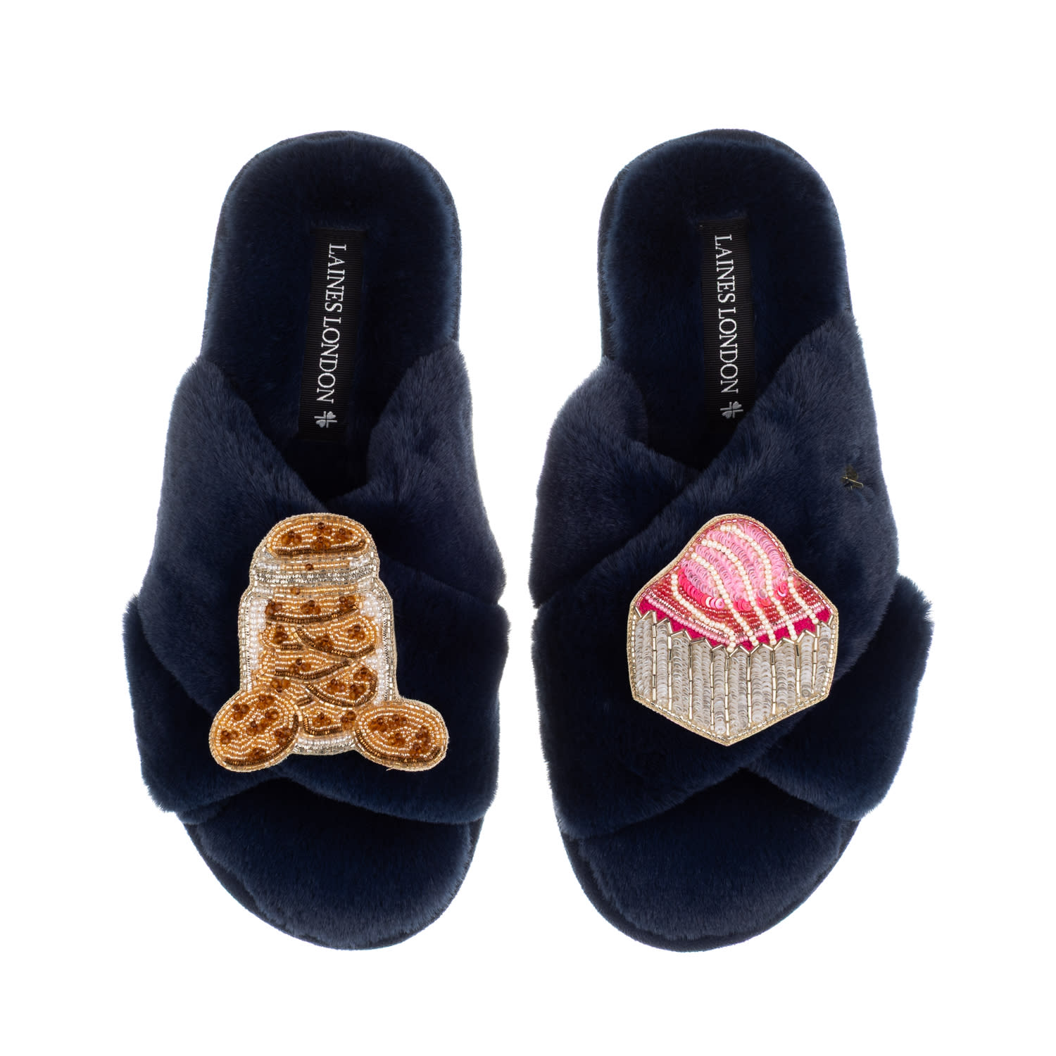 Women's Blue Laines X Juliet Slippers With Cookie Jar & French Fancy Brooches - Navy | Medium | Laines London