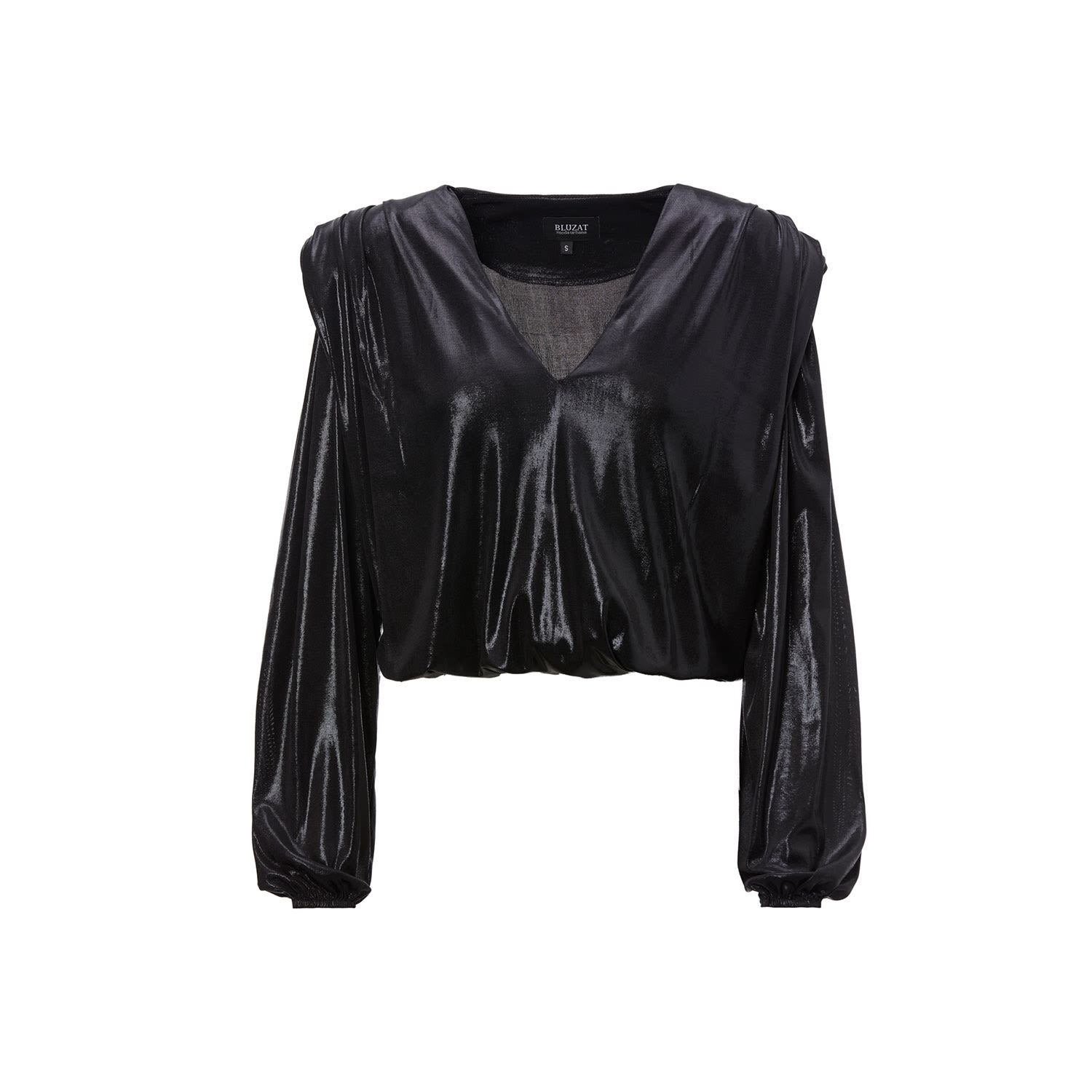 Bluzat Women's Black Blouse With Draping Detailing And Puffy Sleeves In Black