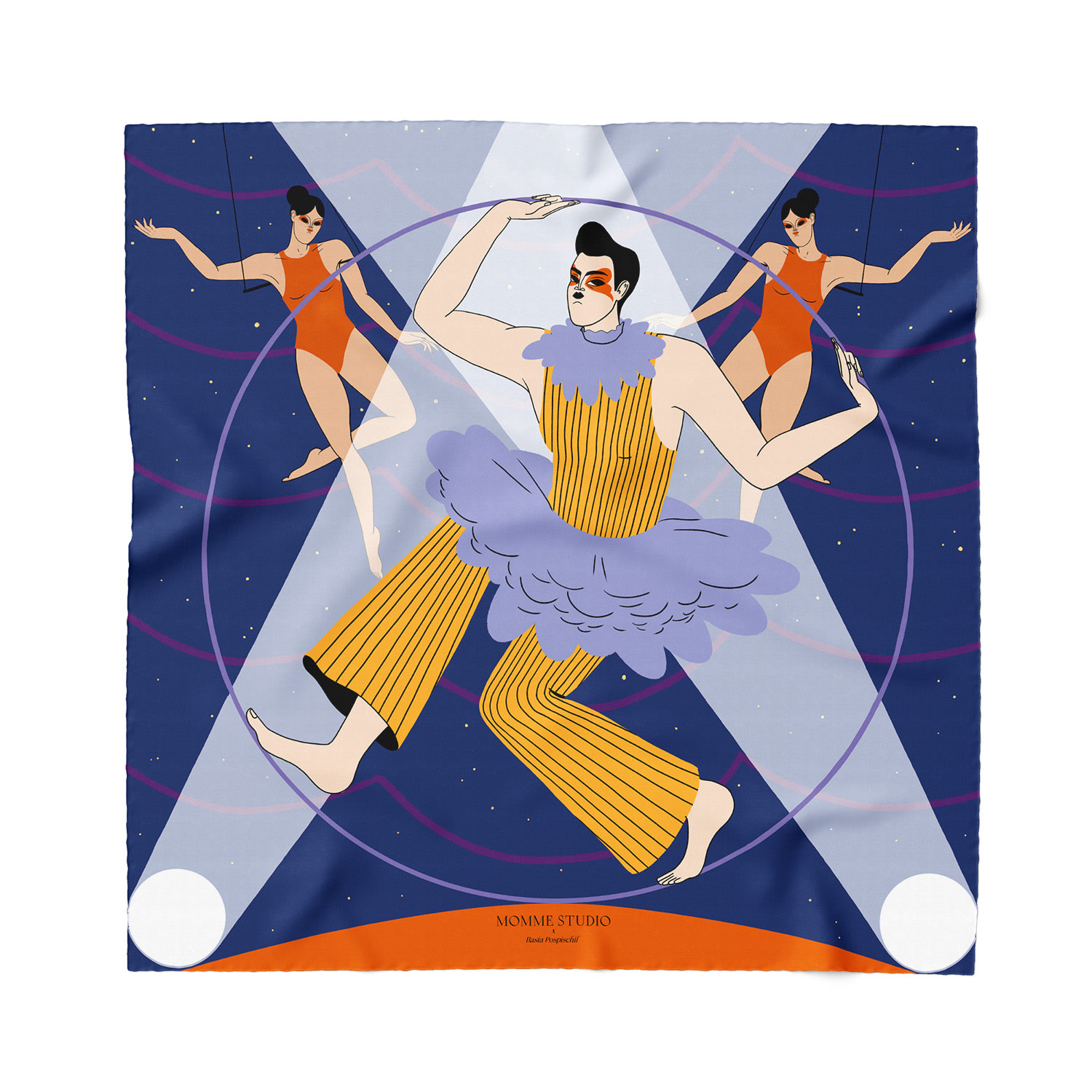 Momme Studio Women's Night Performance - Dark Blue Bandana Silk Scarf In Blue/orange/yellow