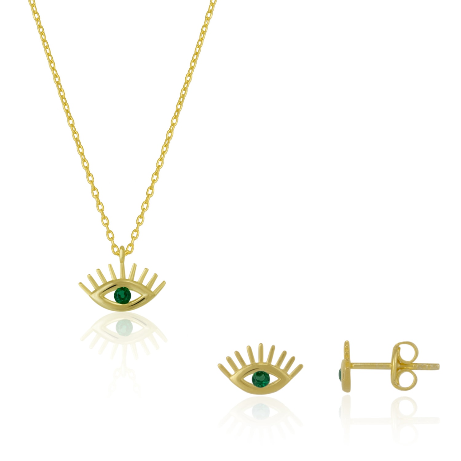 Spero London Women's Emerald Eye Evil Eye Sterling Silver Necklace & Stud Earring Set - Gold In Gold
