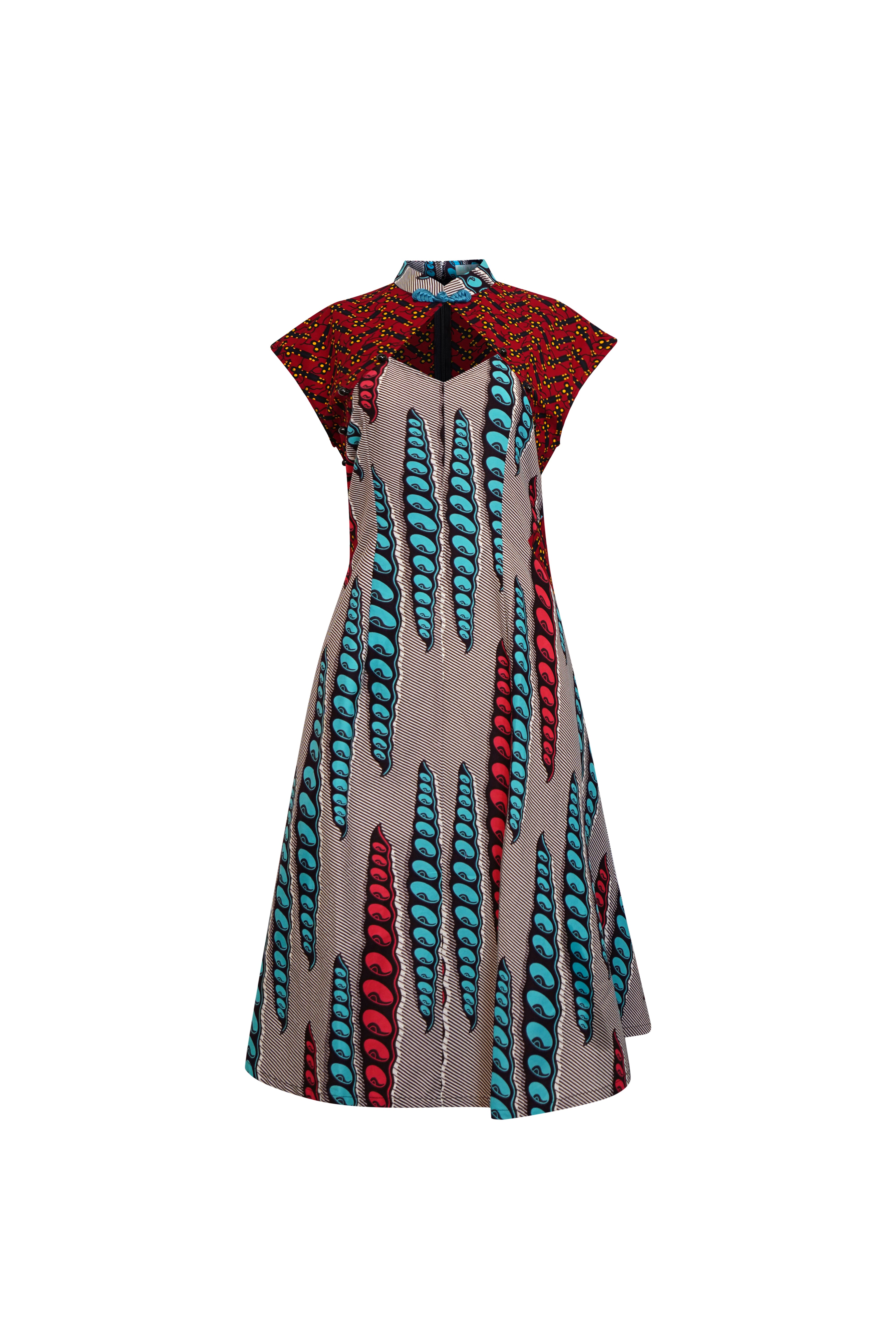 Oliveankara Women's Blue / Grey / Pink Monifa Cheongsam Dress - Red Blue & Grey African Ankara Wax Cotton Print In Blue/grey/pink