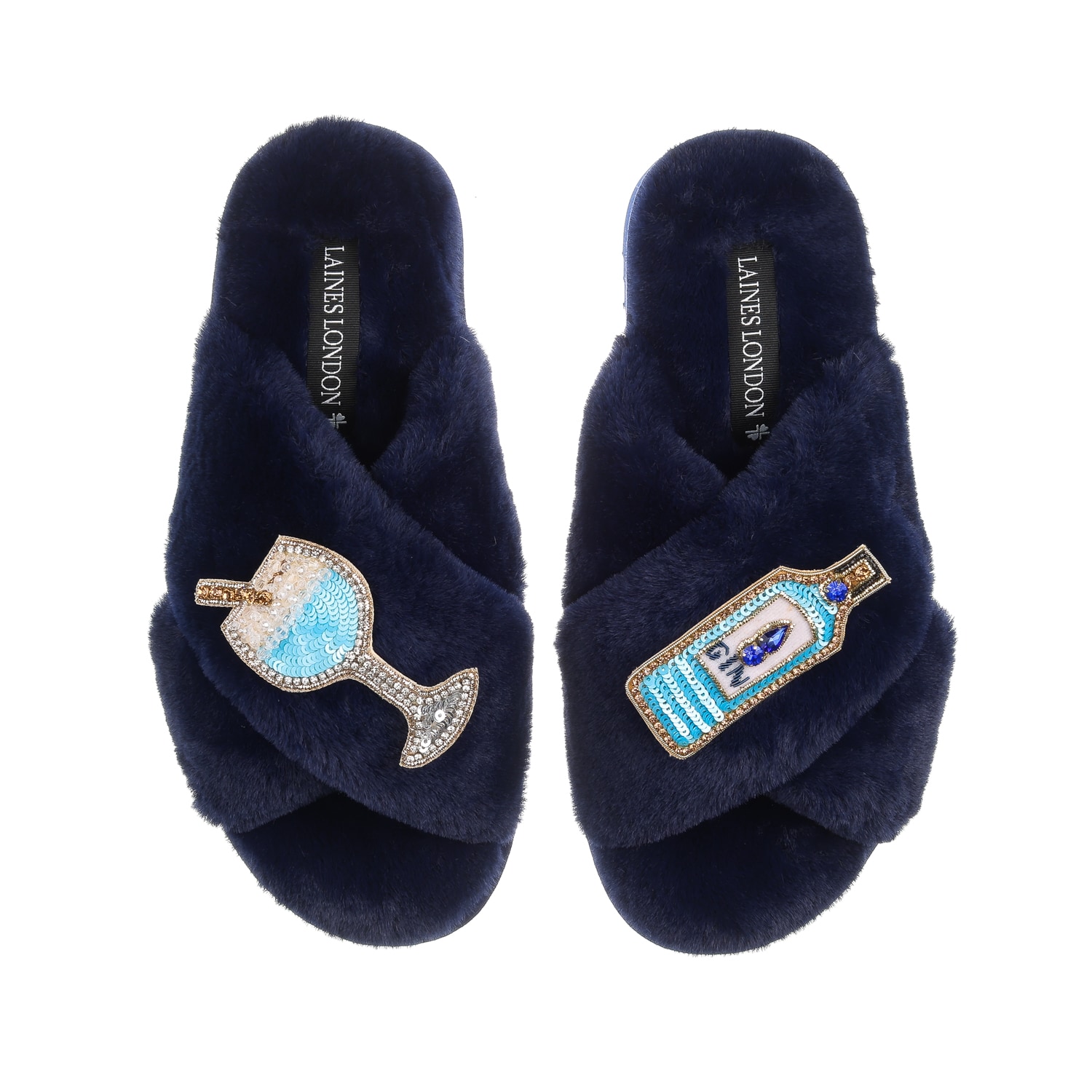 Women’s Blue Classic Laines Slippers With Sapphire Gin Brooches - Navy Medium Laines London