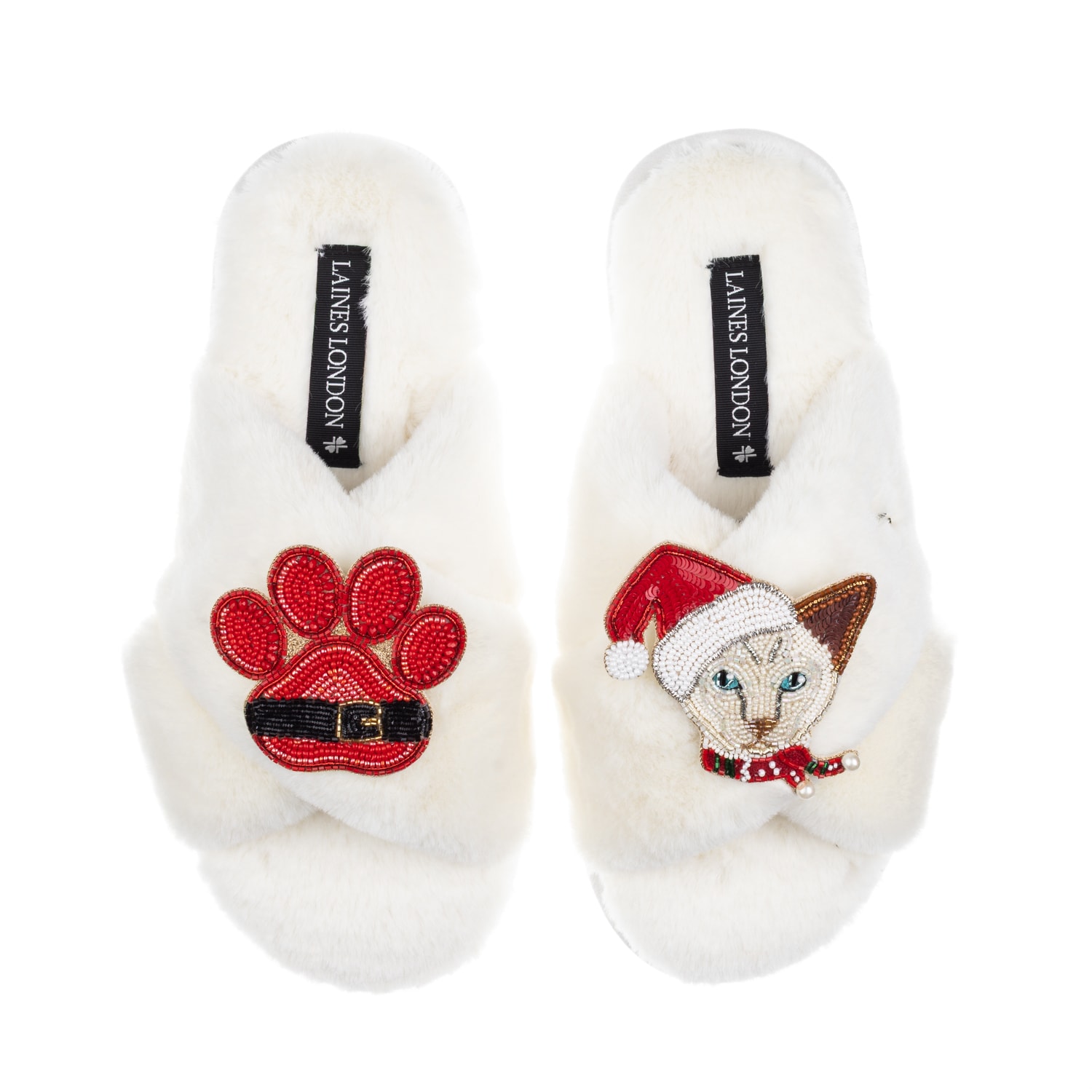 Laines London Women's Neutrals / White Classic Slippers With Christmas White Siamese Cat & Paw Brooches - Cream In White